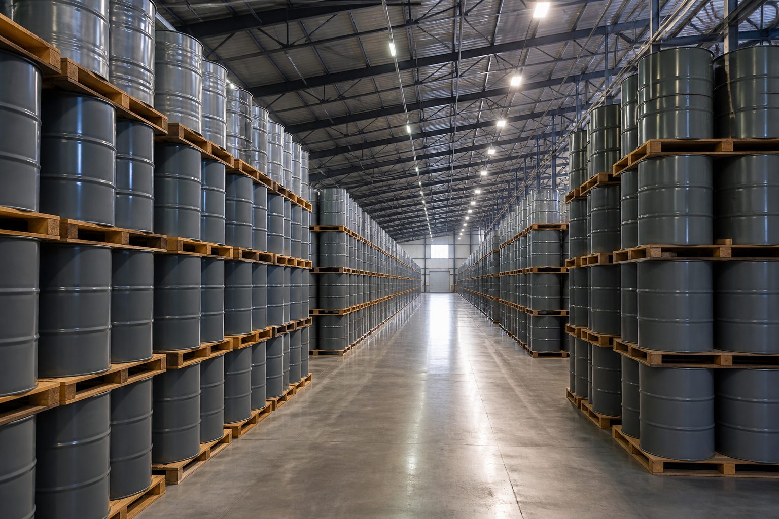 Rows of sealed metal drums stacked in a strategic mineral stockpile warehouse.