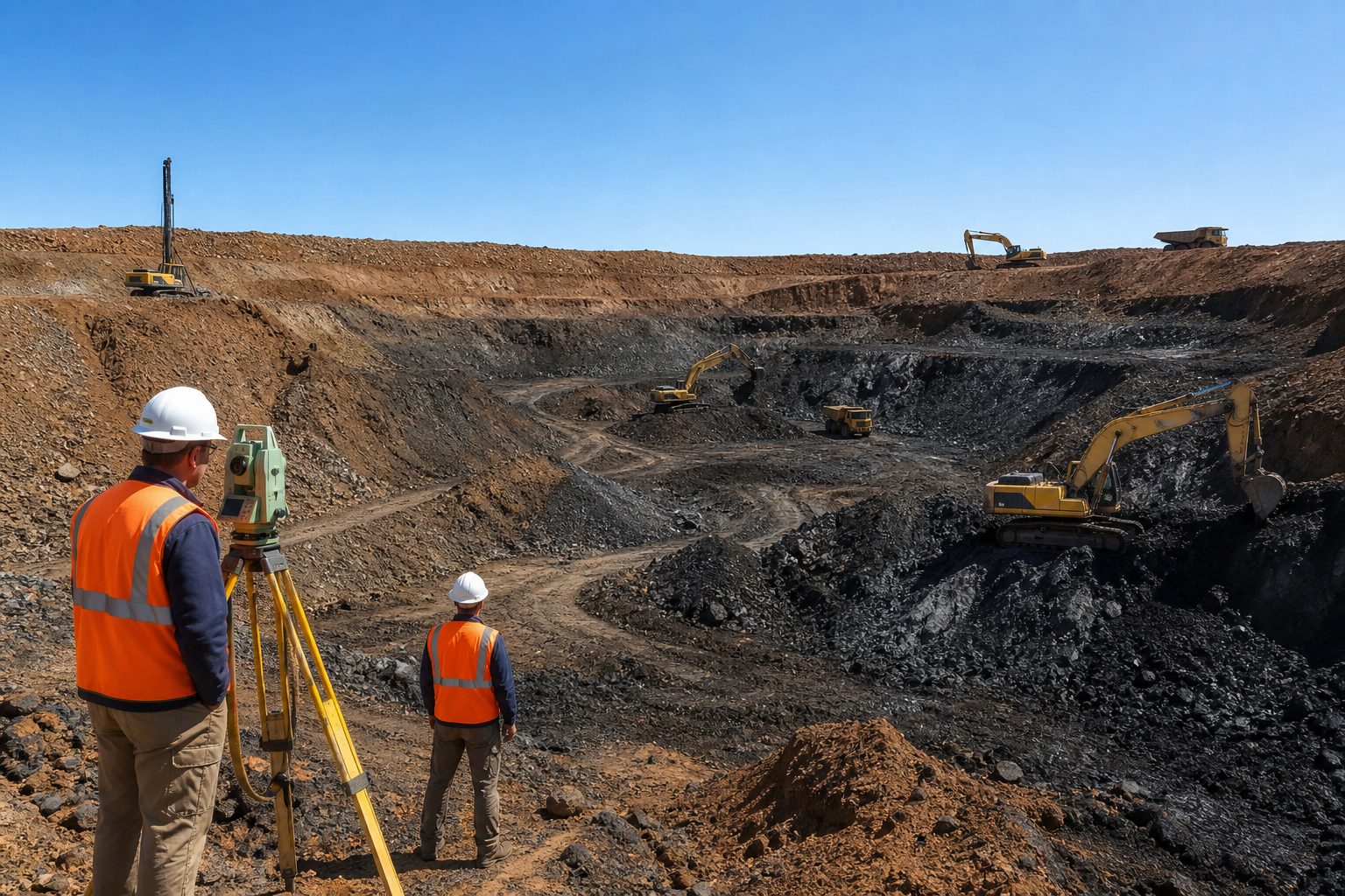 New open-pit mine under construction with excavators and exposed ore.