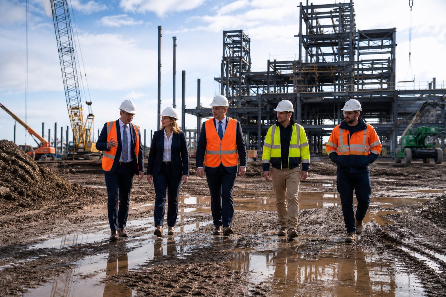 Officials and engineers touring a new processing plant construction site.