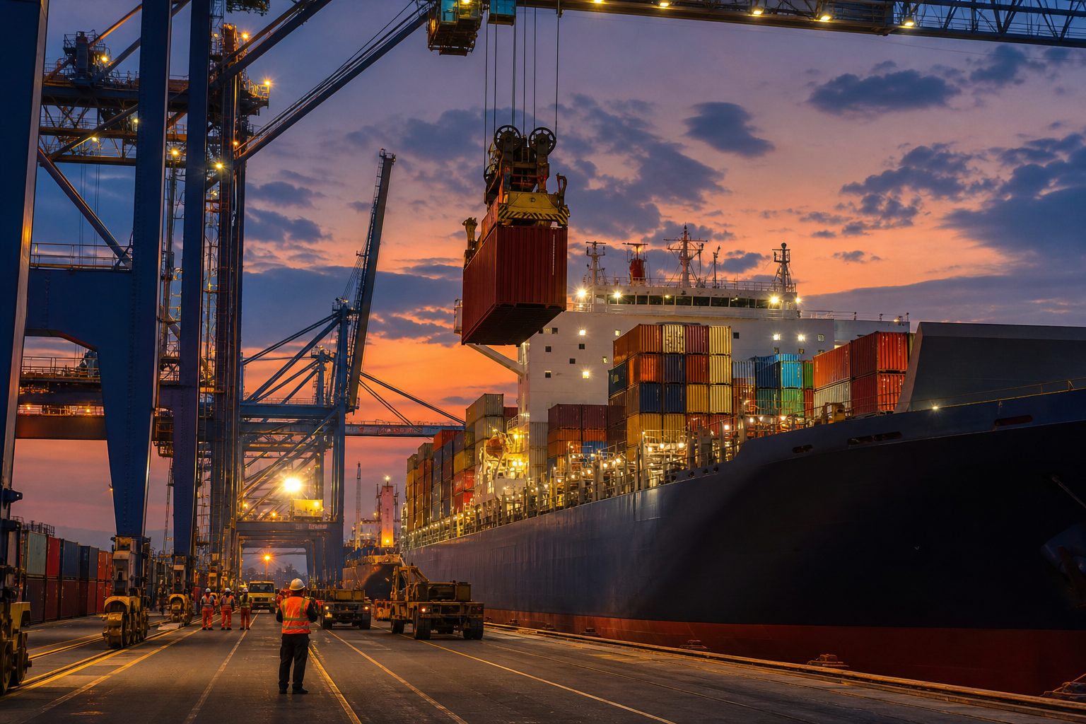 Cargo containers being loaded onto a freight vessel at a commercial port at dusk.