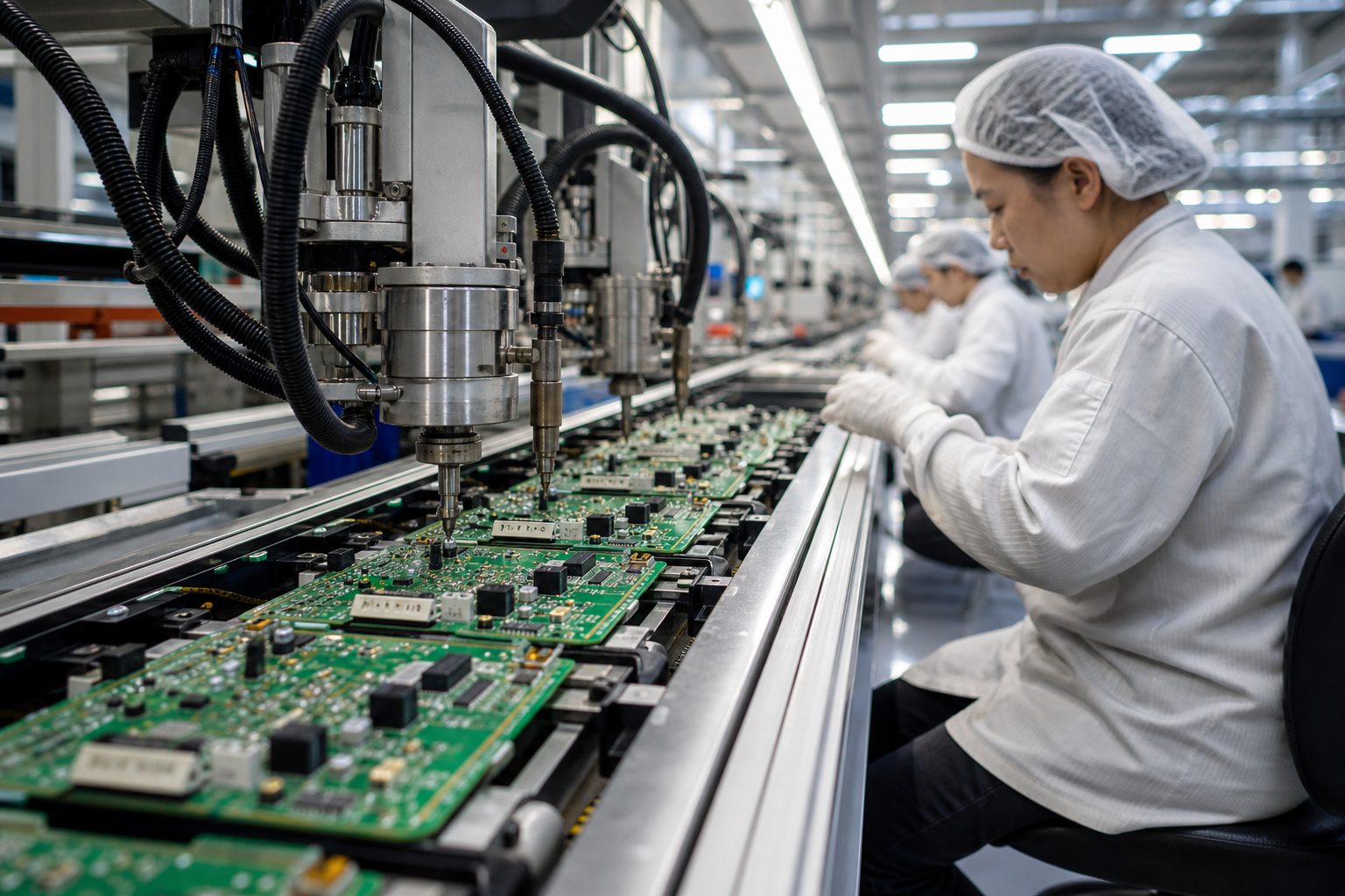 Circuit boards moving along an electronics assembly line with robotic arms.