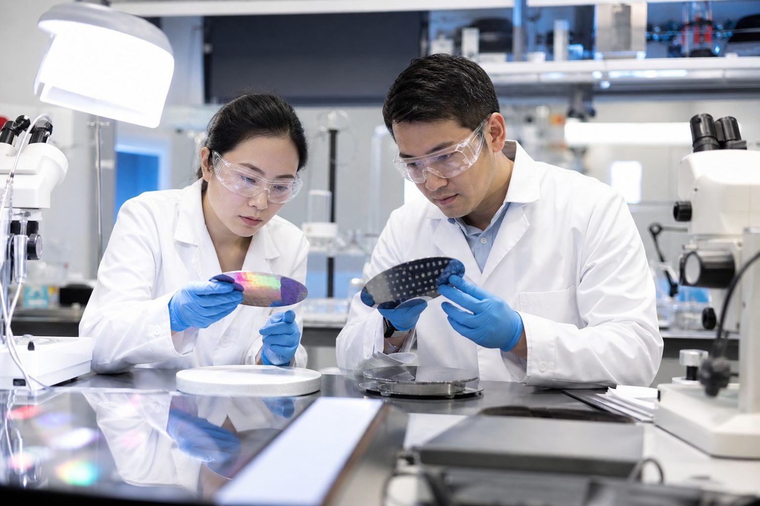 Engineers examining semiconductor wafers in a materials research laboratory.