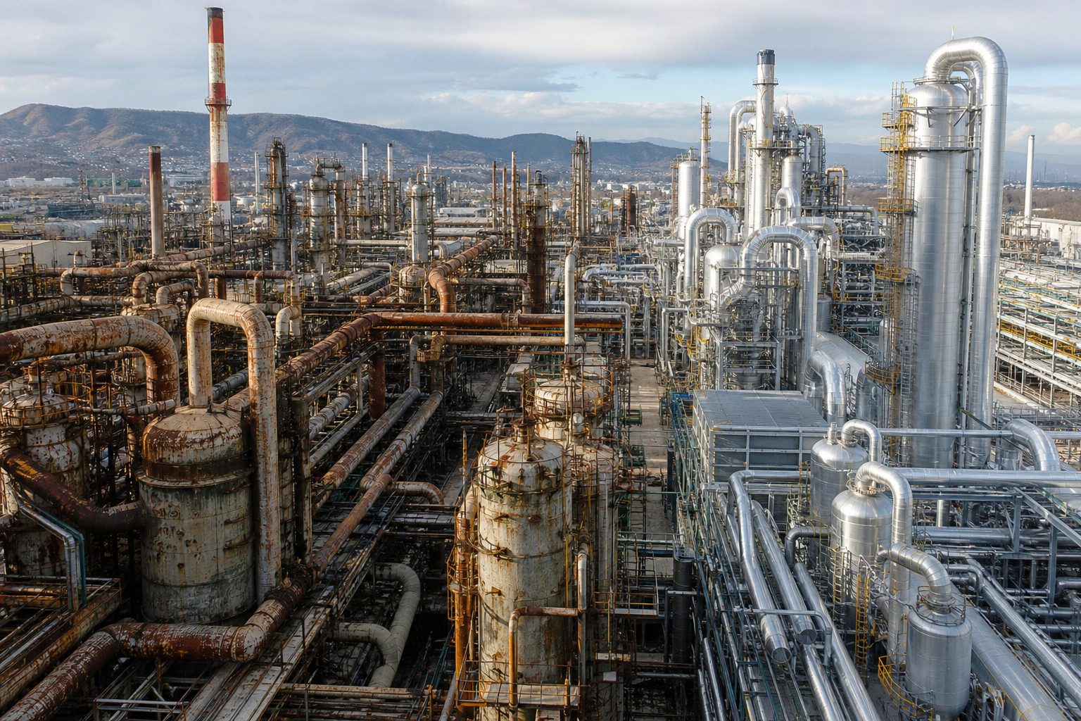 Industrial complex showing new processing equipment alongside older facilities.