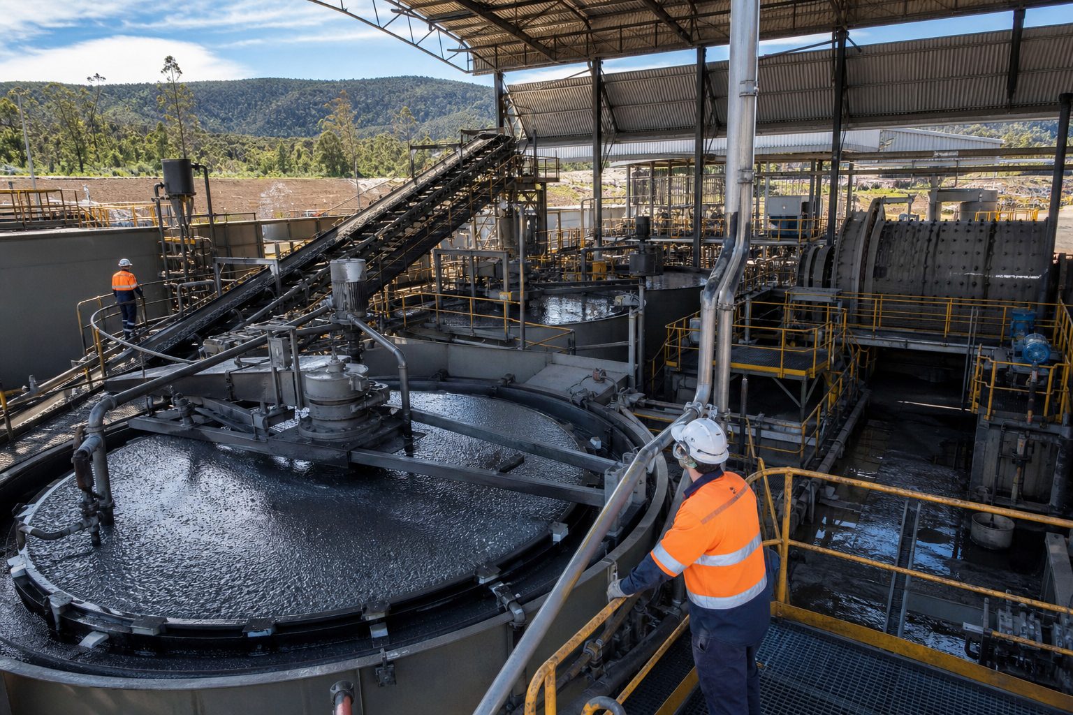Workers operating flotation tanks at a Western rare earth processing plant.