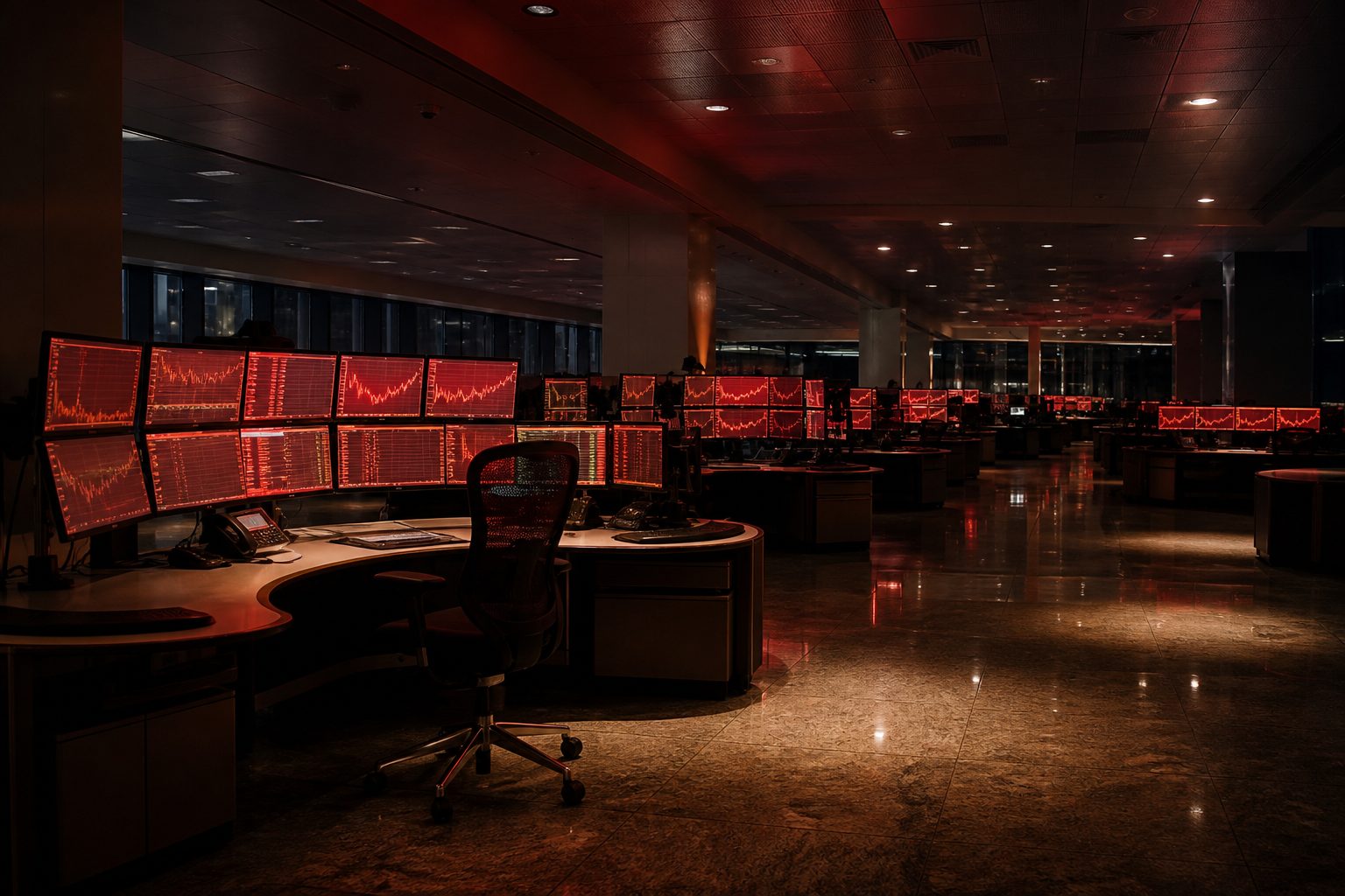 Empty bank trading floor glowing red at night.