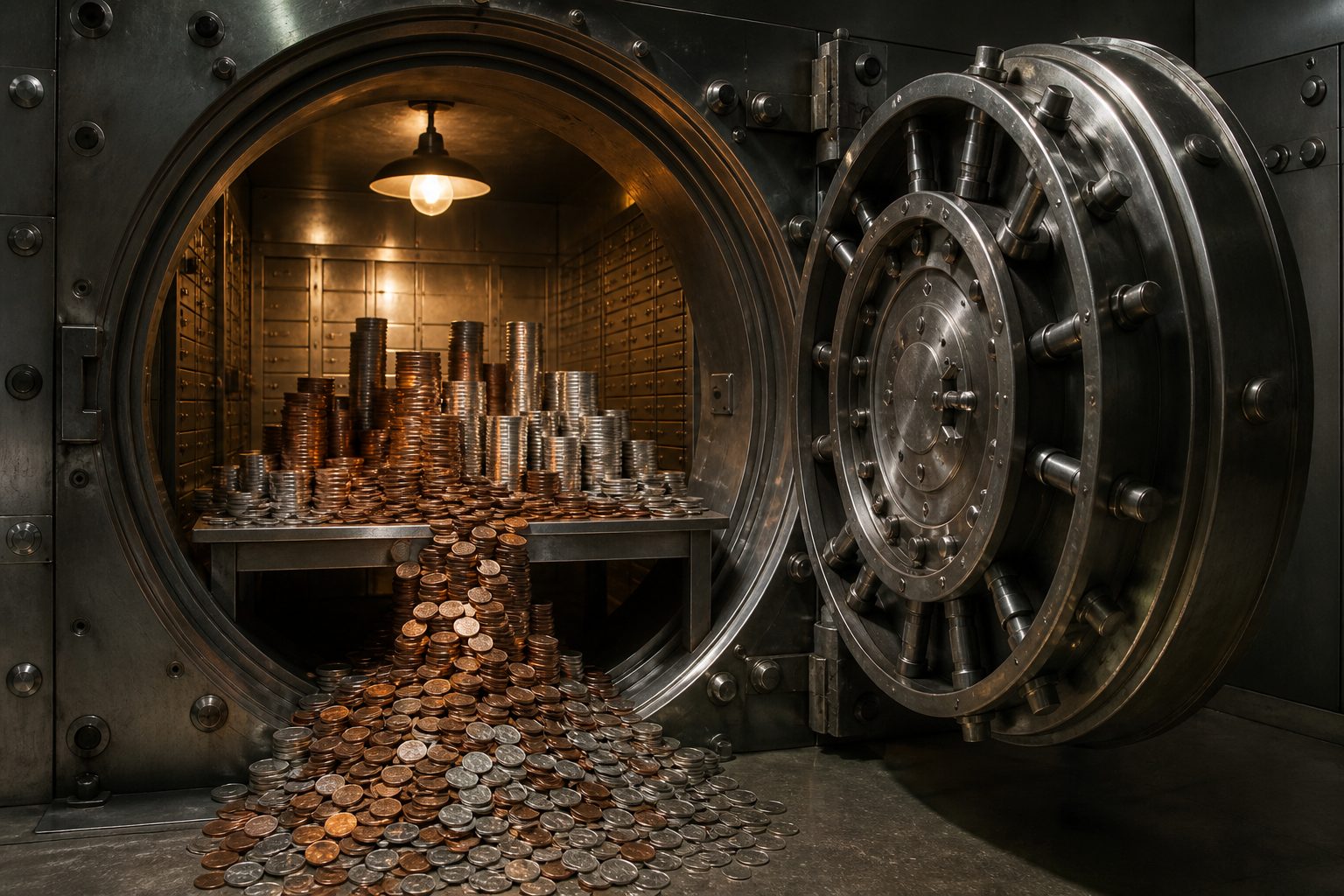 Open bank vault with stacks of coins.