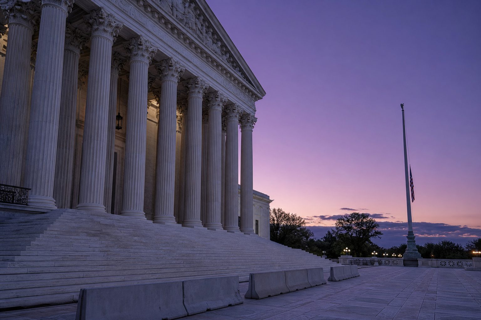 Empty plaza before a columned government building at dusk.