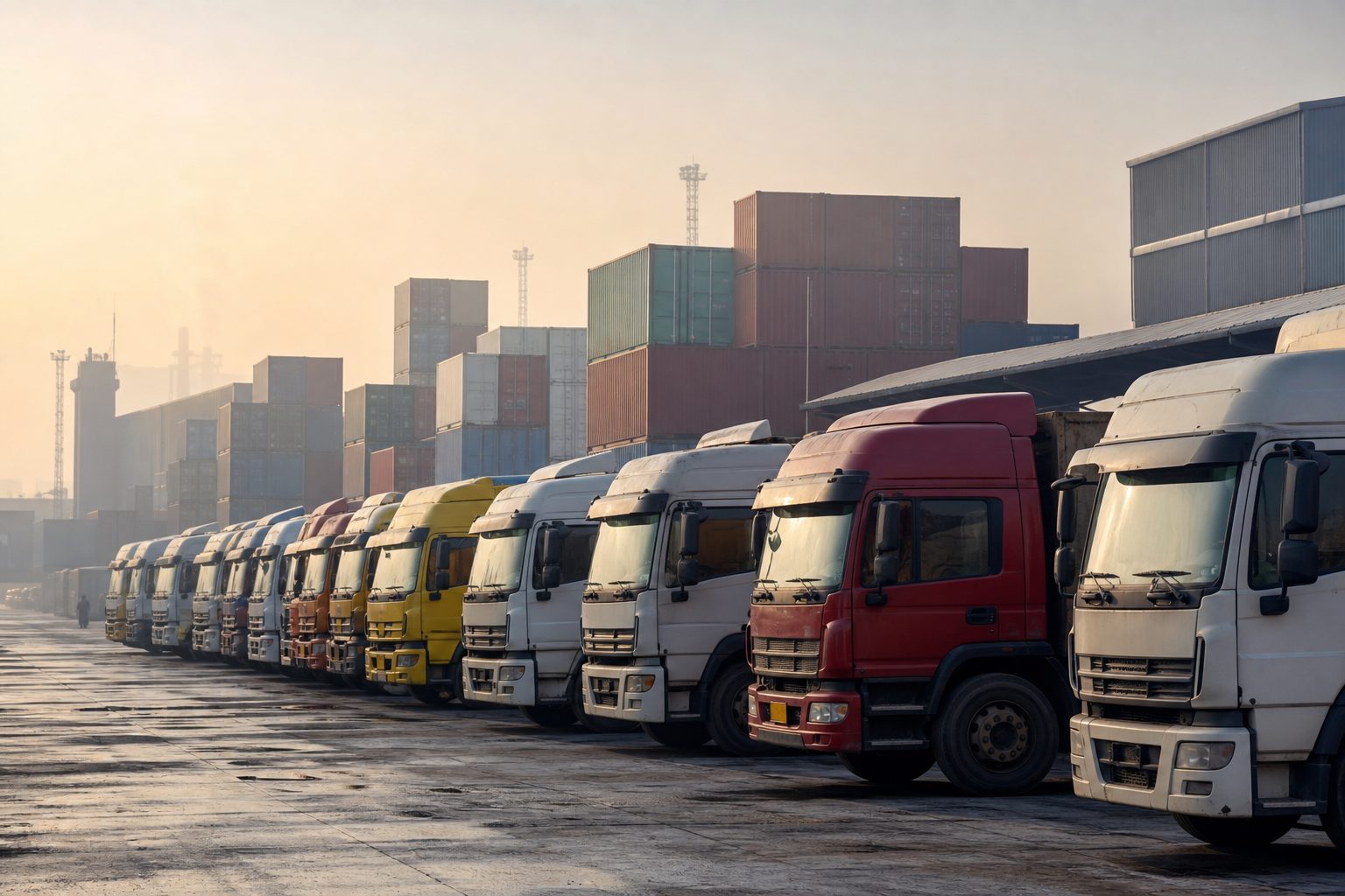 A row of cargo trucks parked at an industrial shipping yard with stacked containers and warehouses.