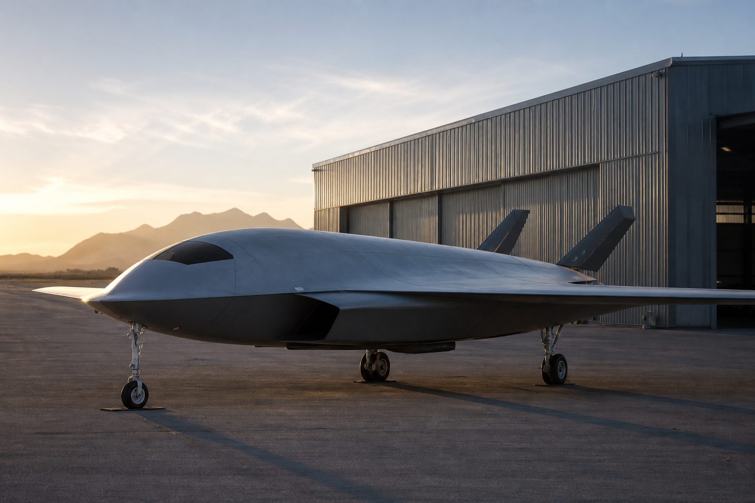 Autonomous military drone prototype on tarmac at dawn outside metal hangar