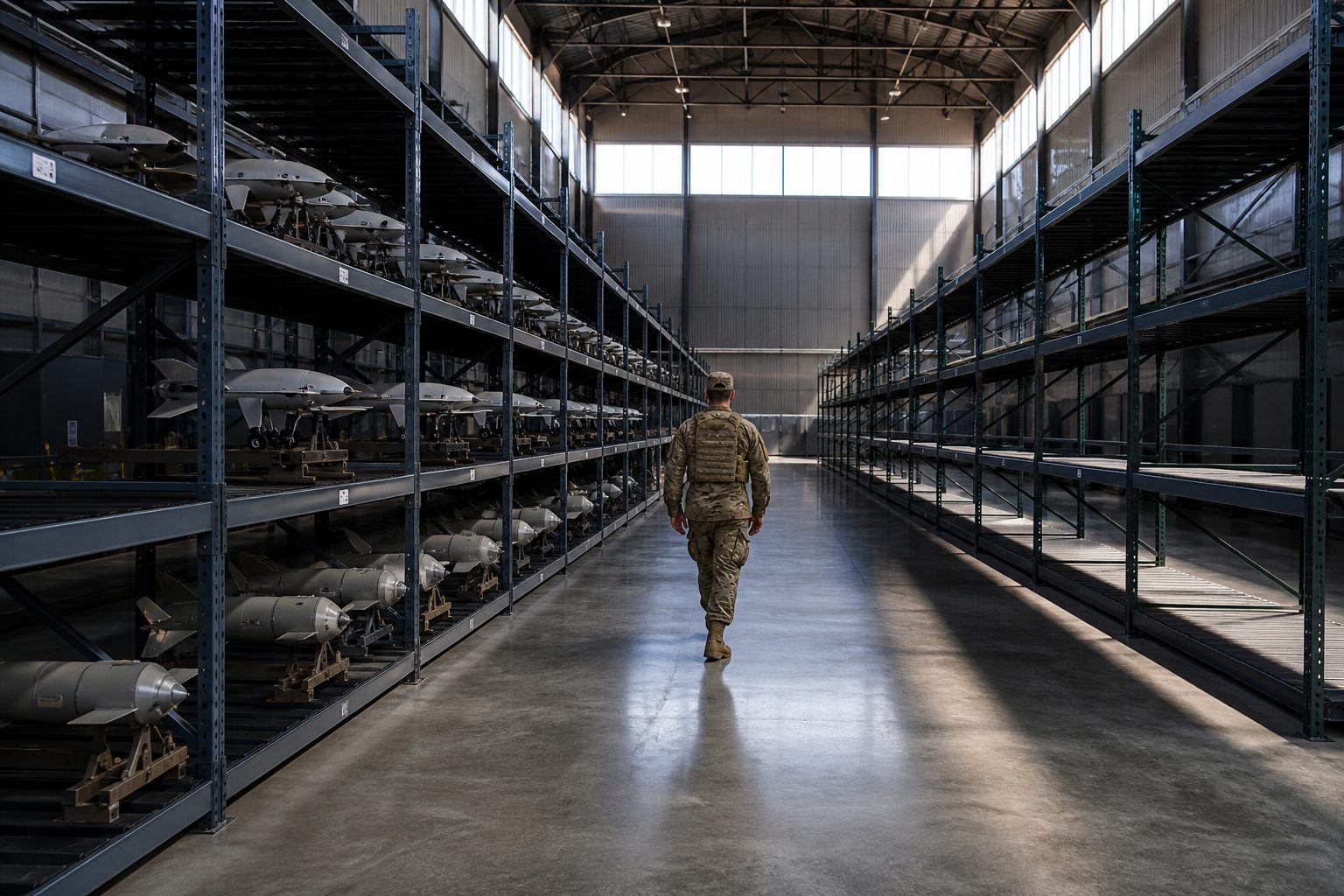 A military depot with shelves holding only a few hundred small drones, empty shelves nearby suggesting an unmet goal.