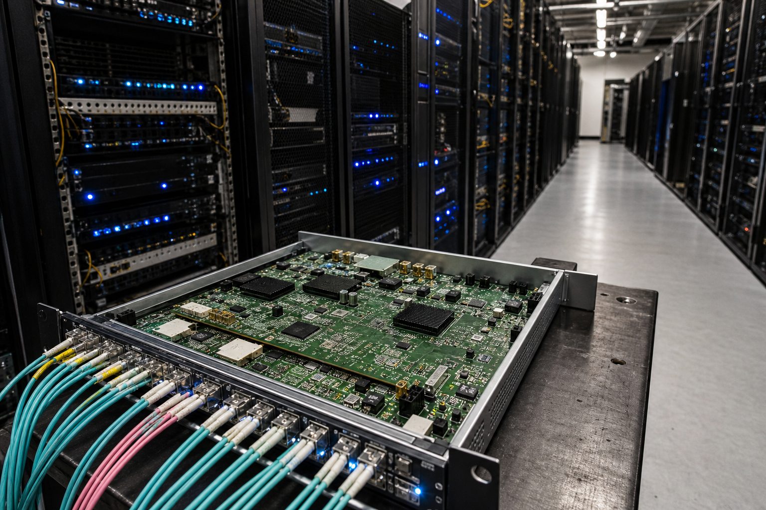 Opened network switch on a workbench showing internal circuit board and chips, with rows of data center server racks behind.