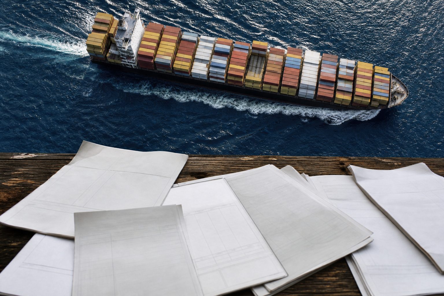 Aerial view of container ship at sea with blank shipping paperwork scattered on a desk in the foreground.