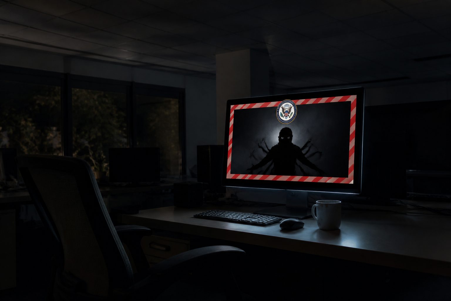 Dark office at night with glowing monitor displaying defaced government webpage