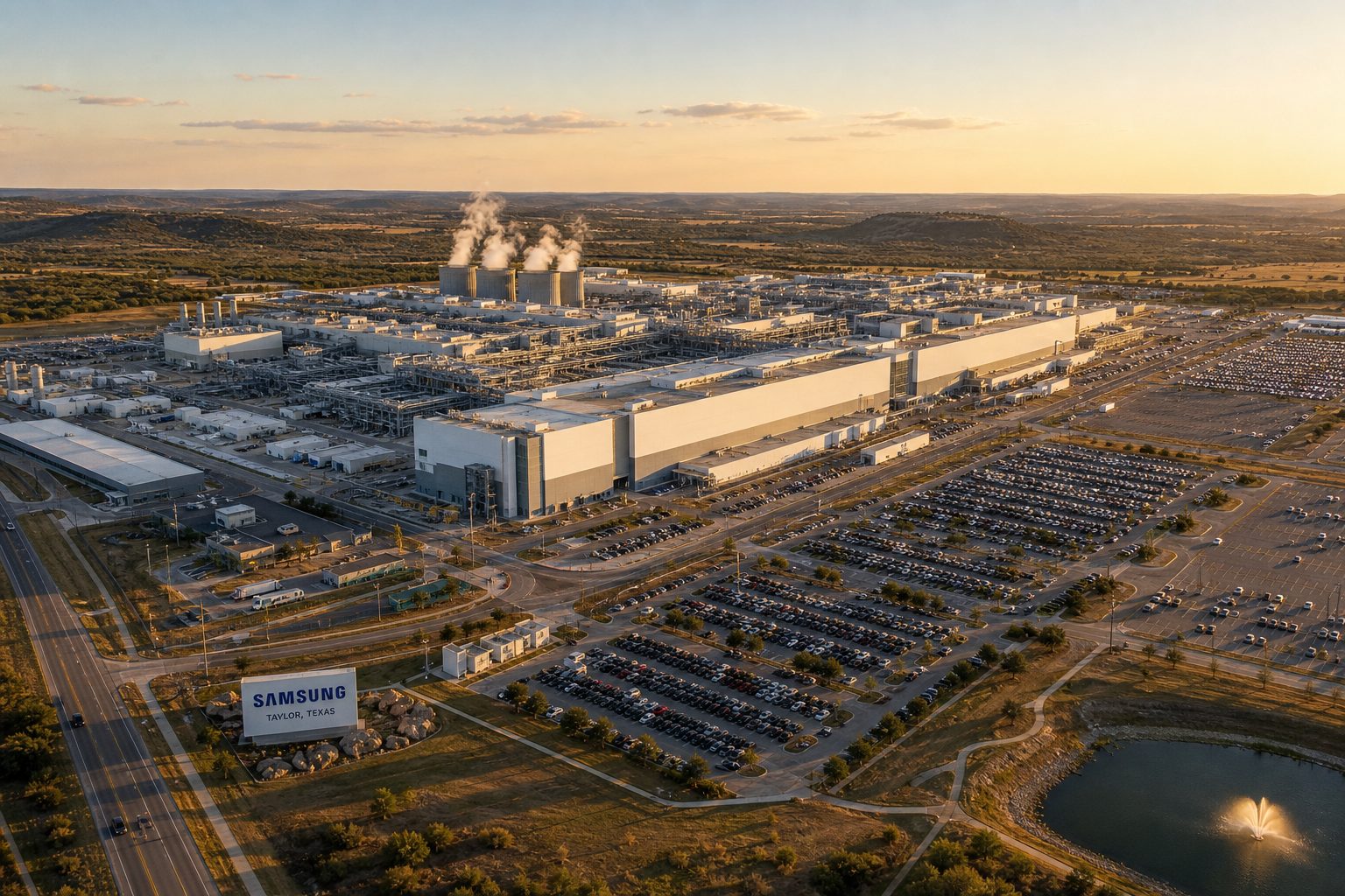 Aerial view of a sprawling semiconductor fab complex on flat Texas terrain at golden hour with steam from cooling towers.