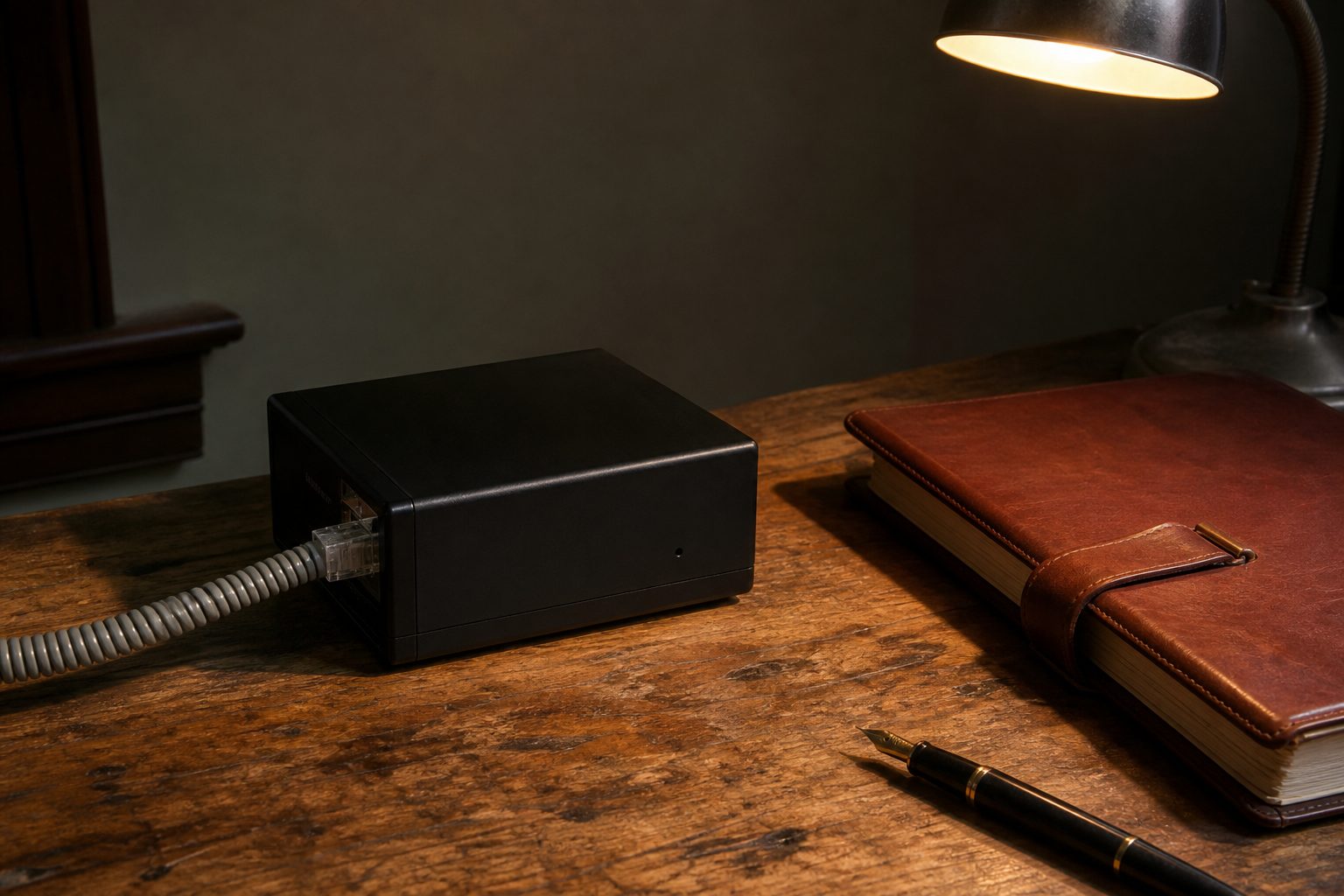 Black pen register surveillance device with coiled cable on a wooden desk under a desk lamp