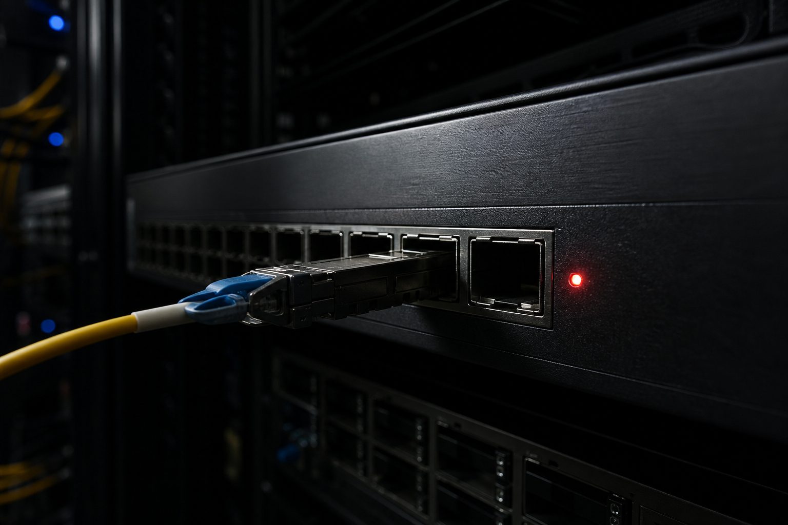Disconnected fiber optic cable in a network switch port with a red warning LED