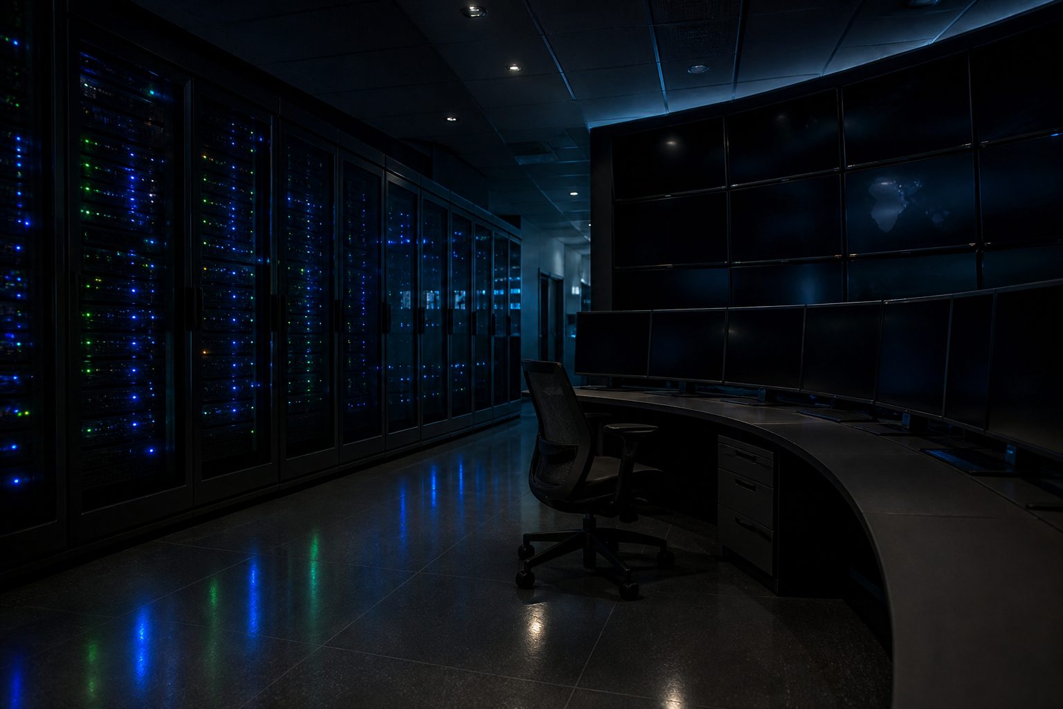 Empty network operations center at night with a curved wall of monitors and glowing equipment racks