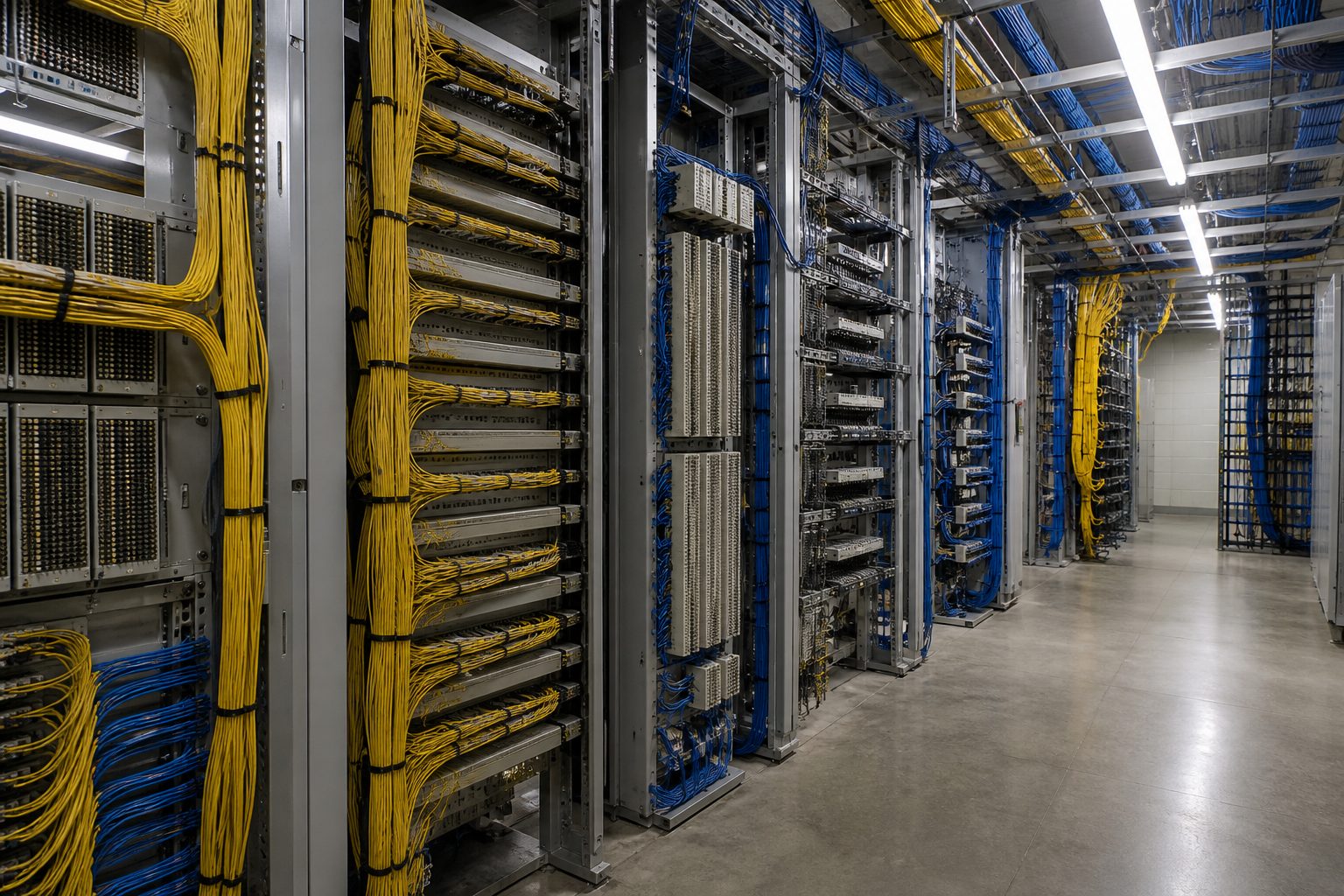 Telecommunications central office with patch panels and bundled cables under fluorescent lights