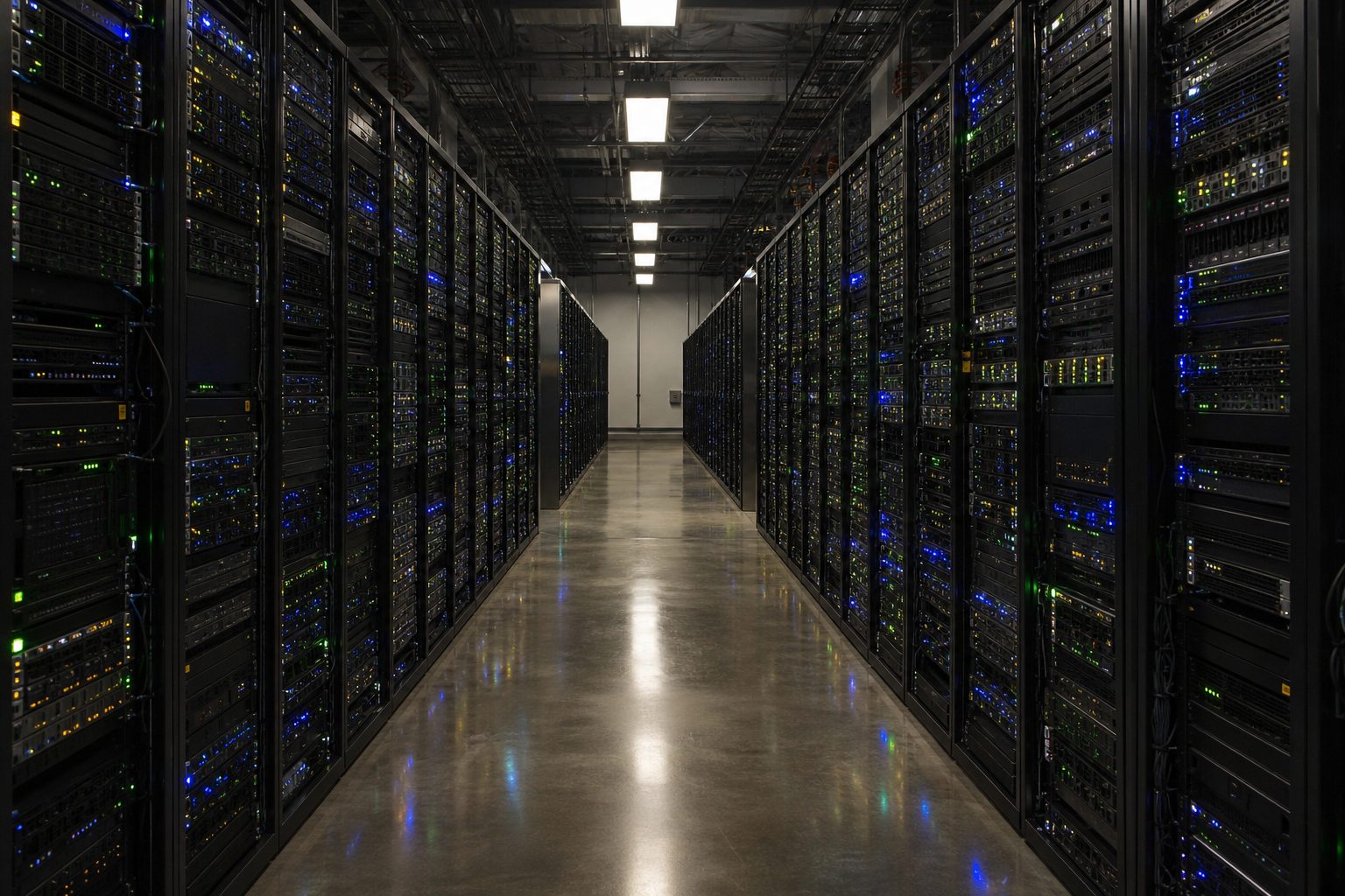 Data center aisle with tall server racks and hundreds of blinking indicator lights