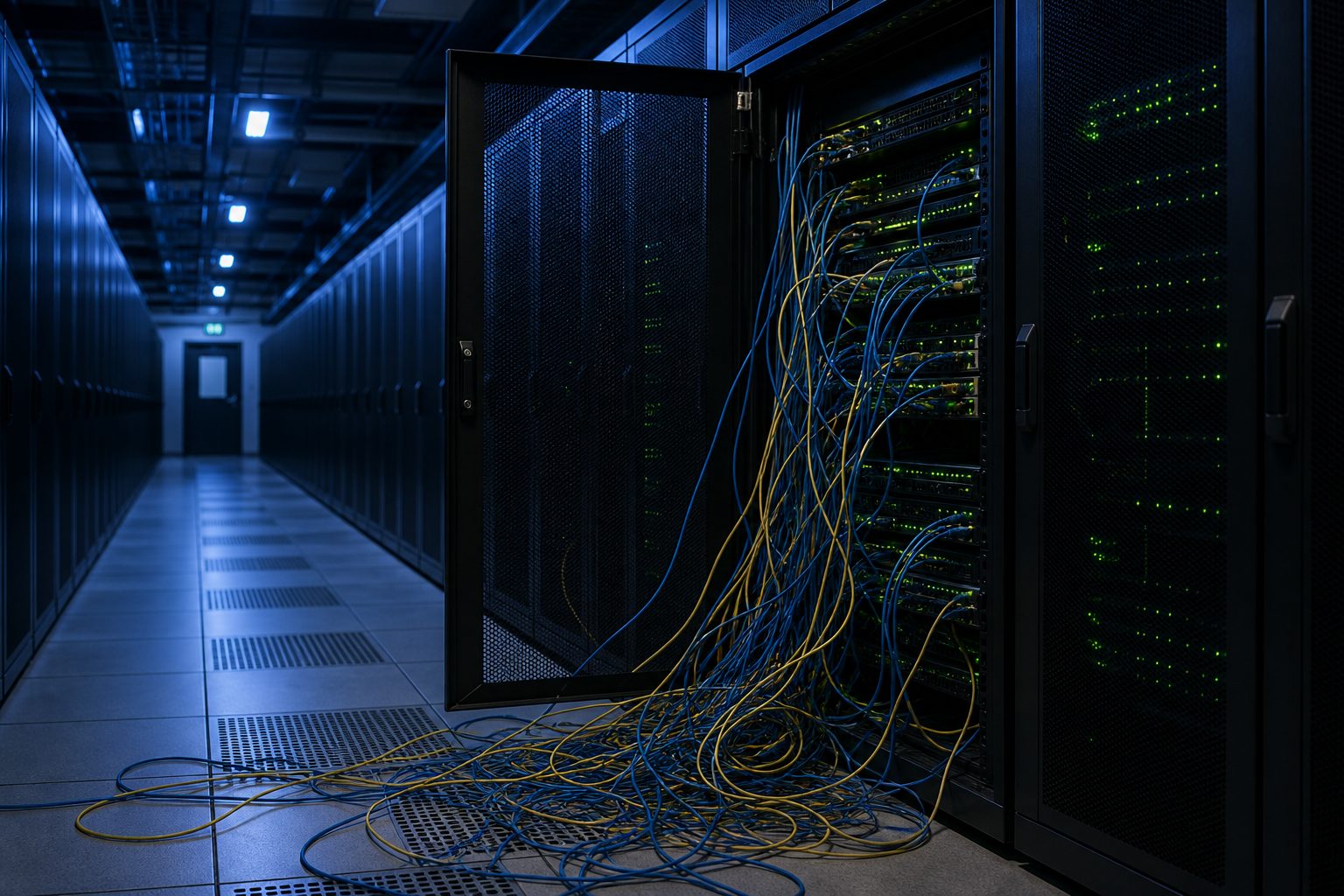 Dim data center with one server rack door open showing tangled ethernet cables.