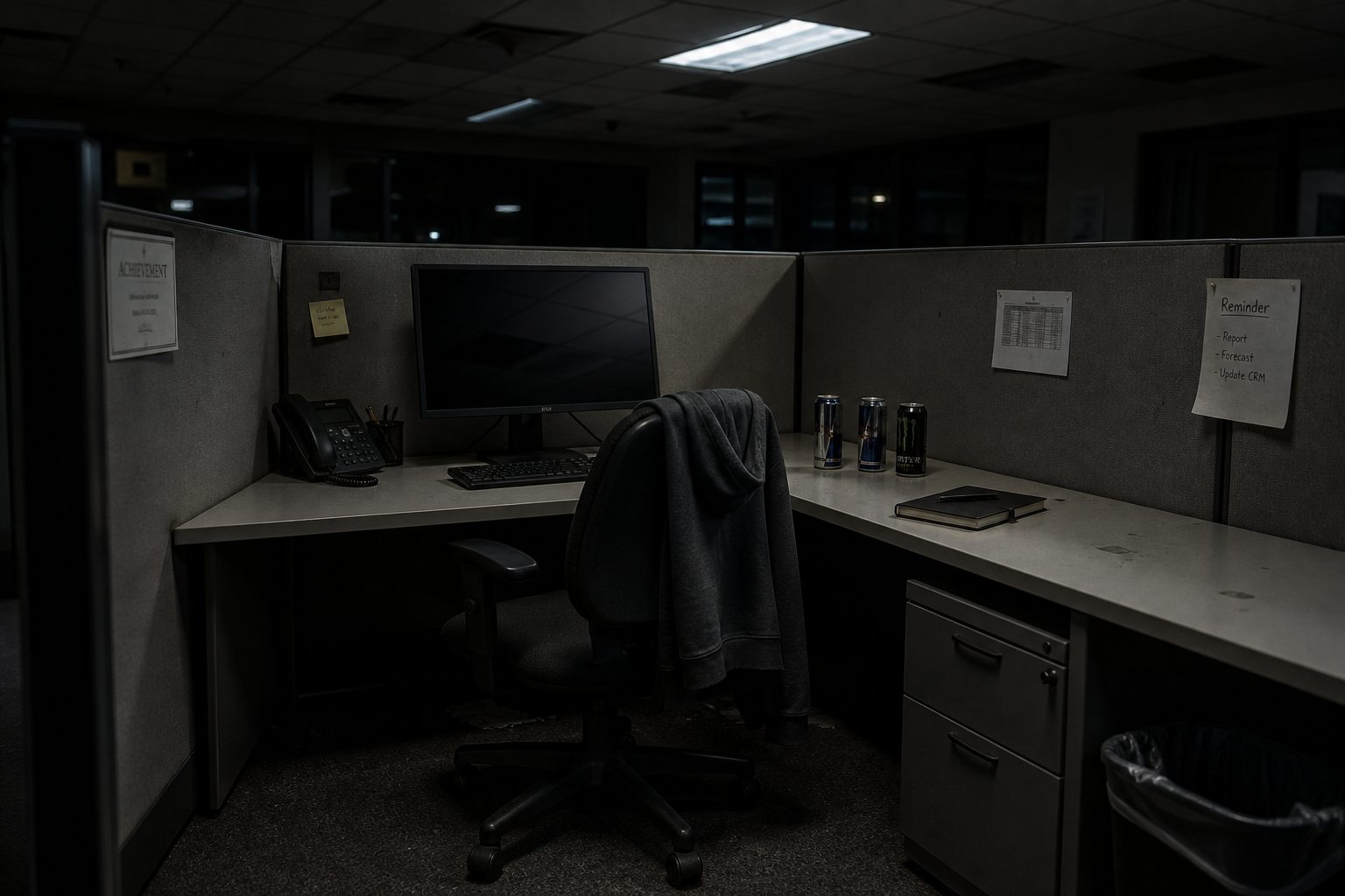 Abandoned office cubicle at night with a powered-off monitor and empty energy drink cans.