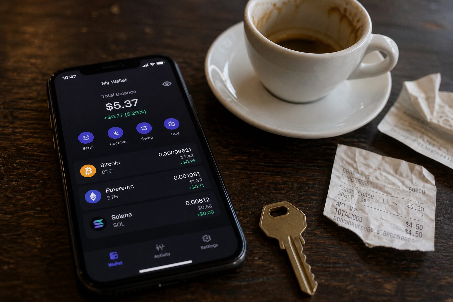 Smartphone displaying a small crypto balance on a dark table next to espresso and receipts.