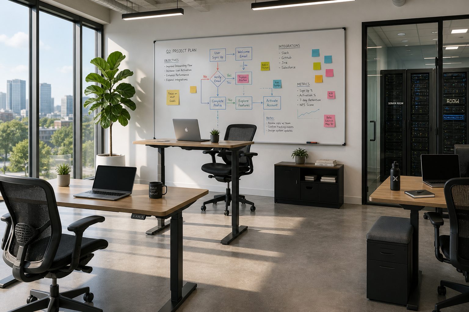 Sunlit modern startup office with flowchart whiteboard and a server rack visible through glass.
