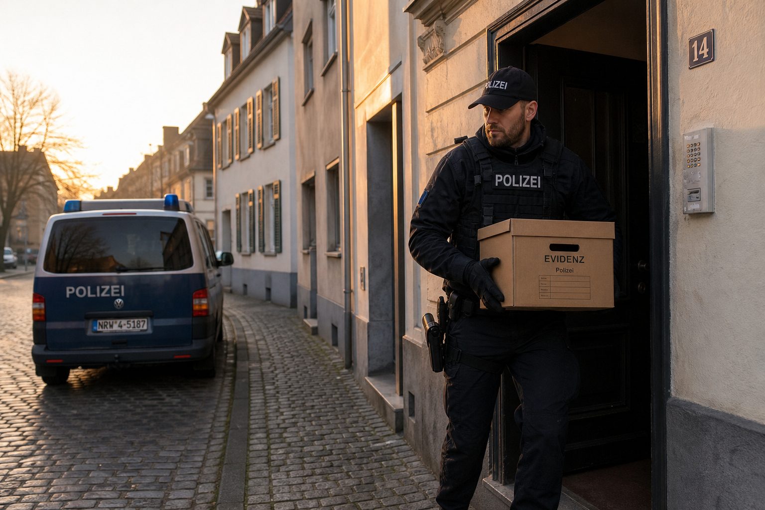 Police officer carrying an evidence box out of a European apartment at dawn.