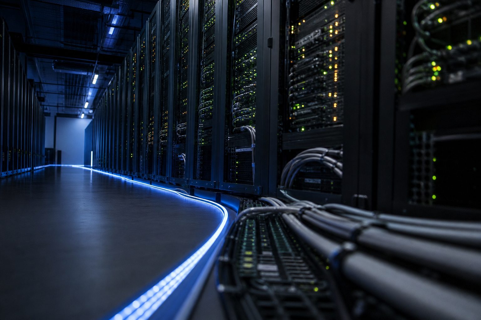 Dimly lit data center with rows of server racks, blinking status LEDs, and a glowing blue fiber optic cable on the floor.
