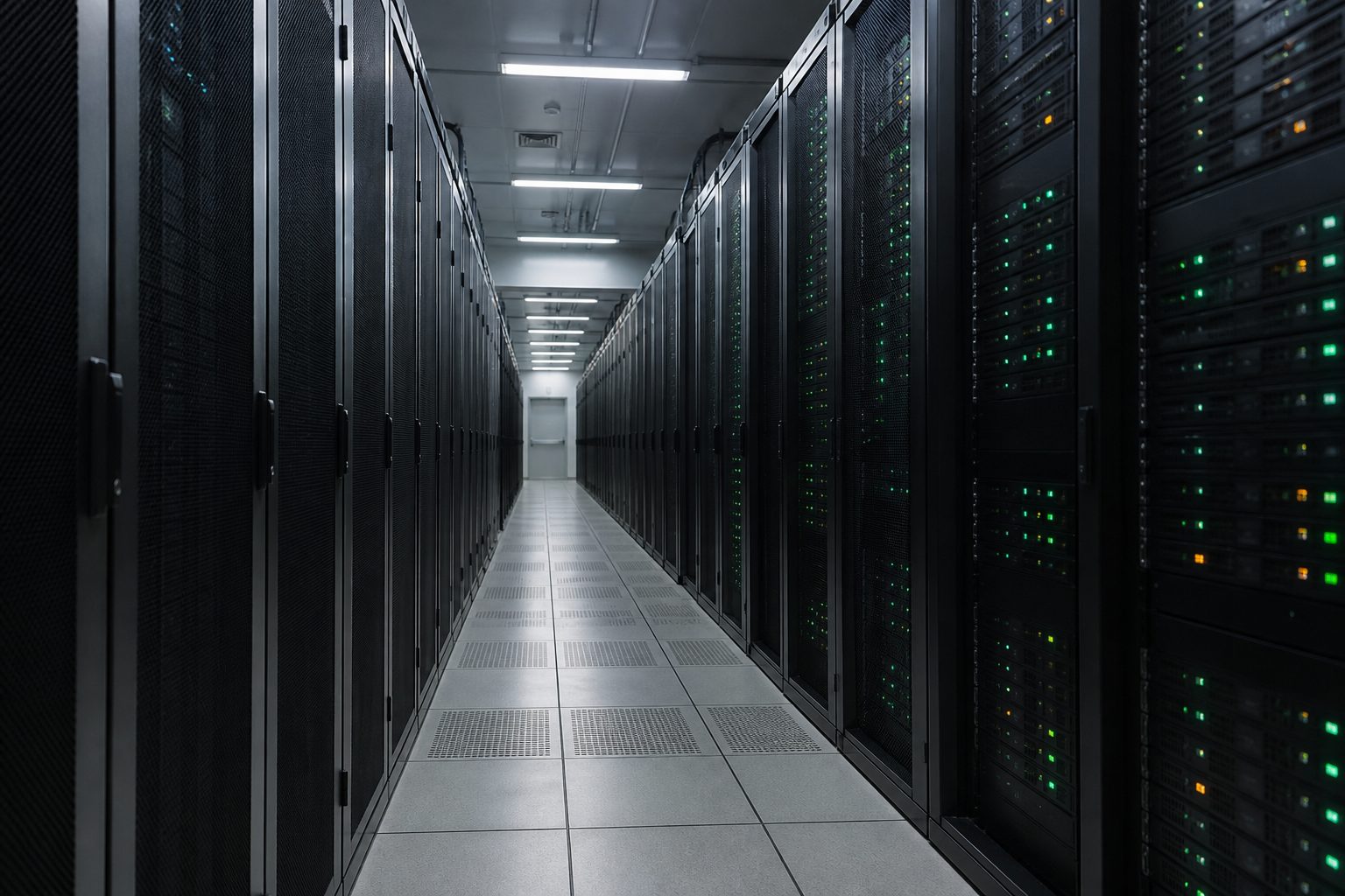 Empty bank data center corridor lined with server racks and blinking indicator lights.