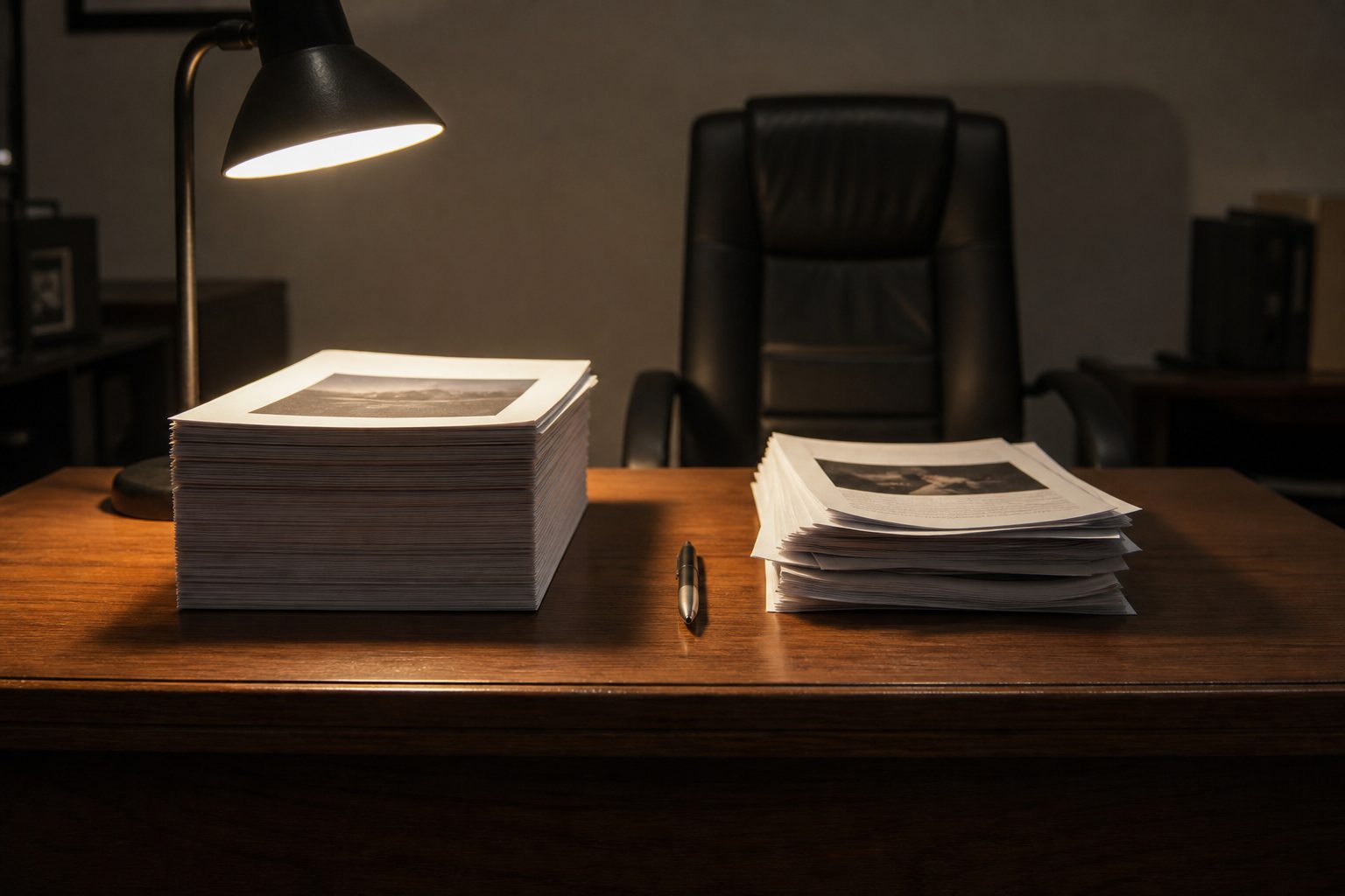 Two contrasting stacks of printed reports on a desk under a lamp, suggesting conflicting findings.
