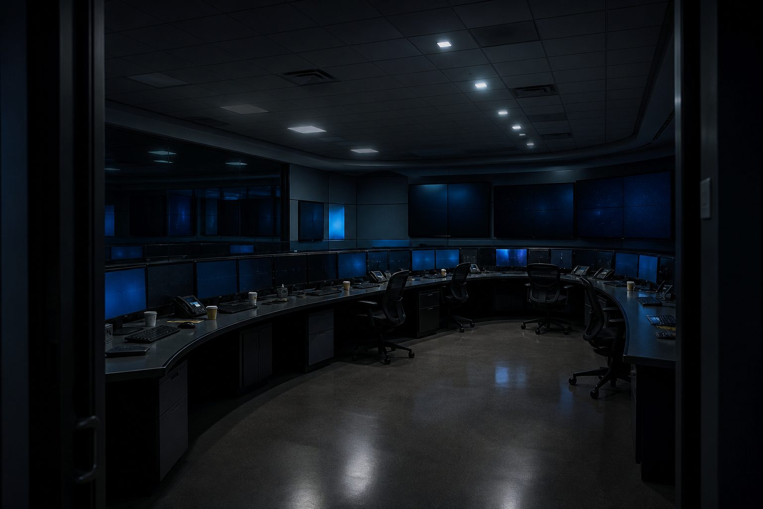 Empty nighttime bank security operations center with dark monitors glowing blue, no staff present.