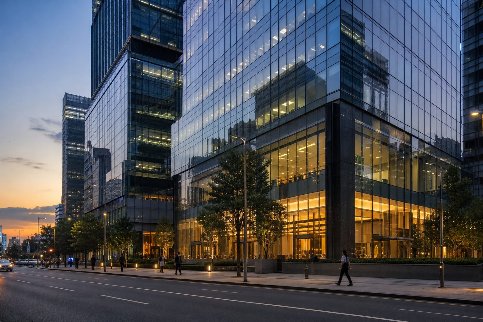 Modern multi-bank office building in Seoul's financial district at dusk with glass facade reflecting sky.