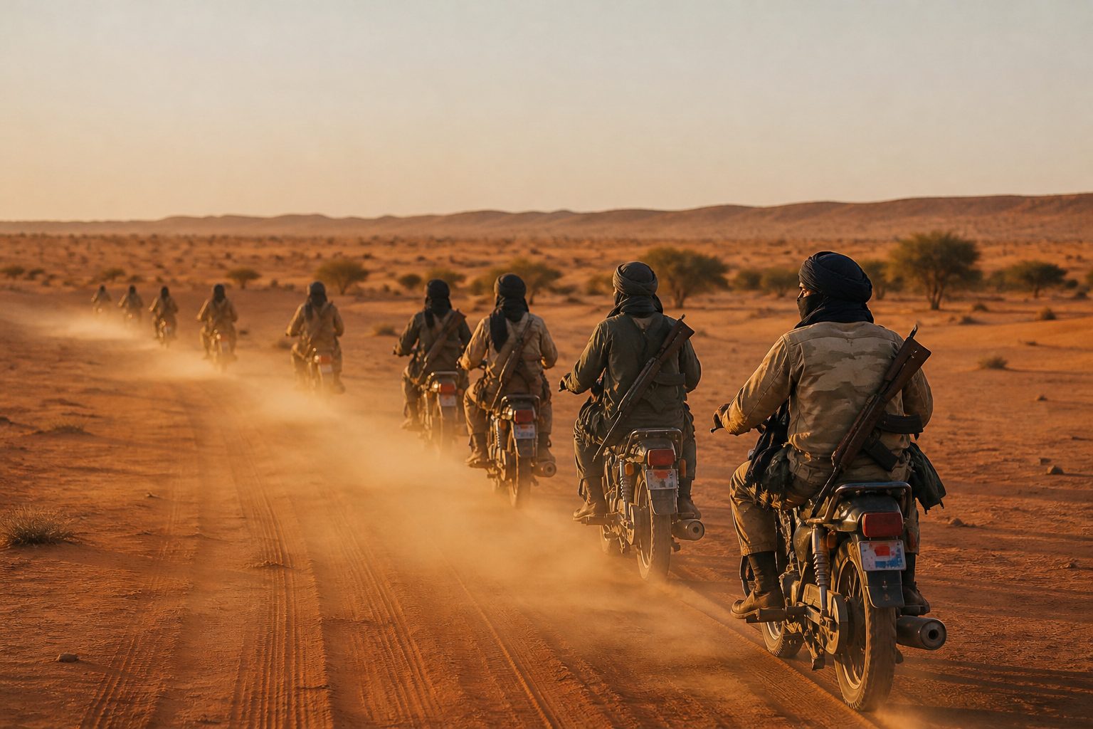 Armed fighters on motorcycles riding across open Sahelian sand at dusk.