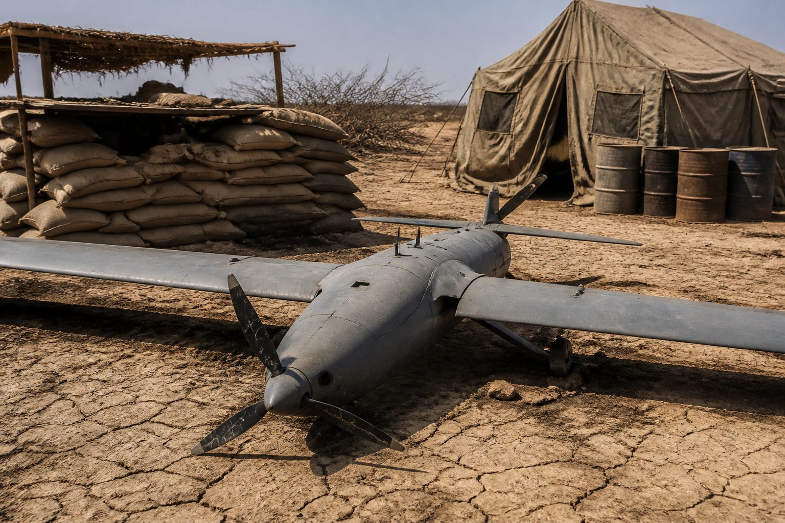 A military surveillance drone on cracked earth beside a sandbagged Sahel position.