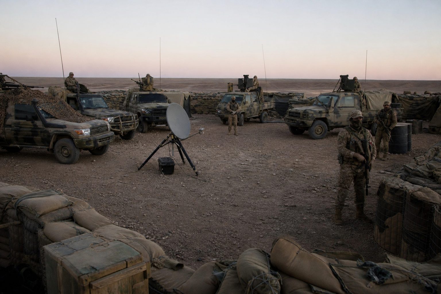 Russian military encampment with vehicles and satellite dish on Sahelian sand.