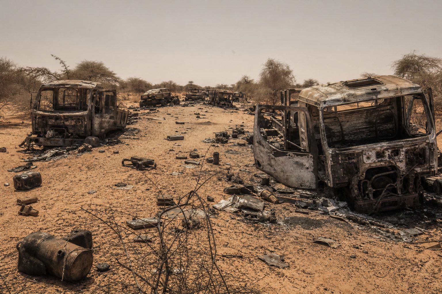 Destroyed military convoy trucks scattered across a desert road in northern Mali.