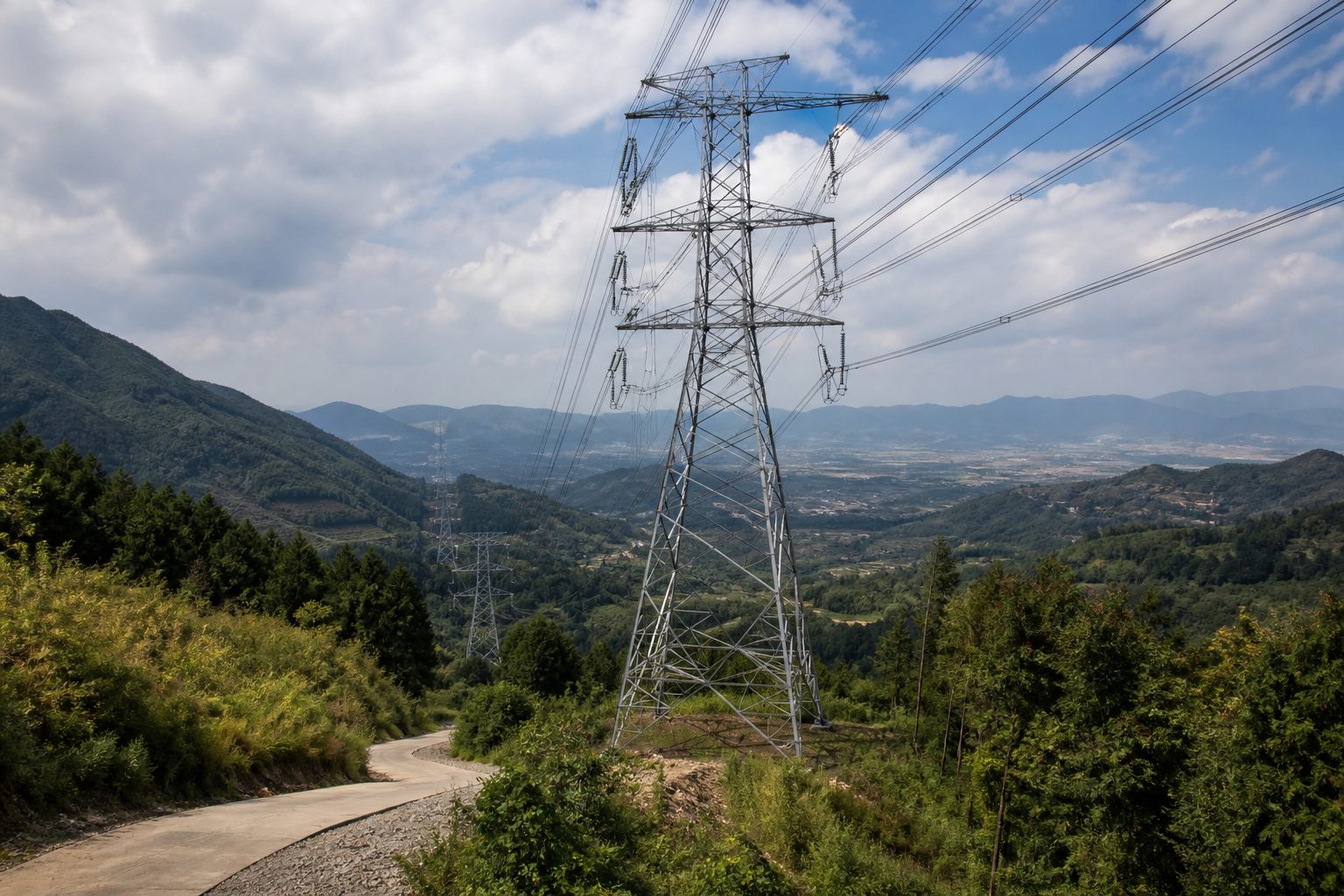 High-voltage transmission towers crossing remote forested mountain terrain in Japan.