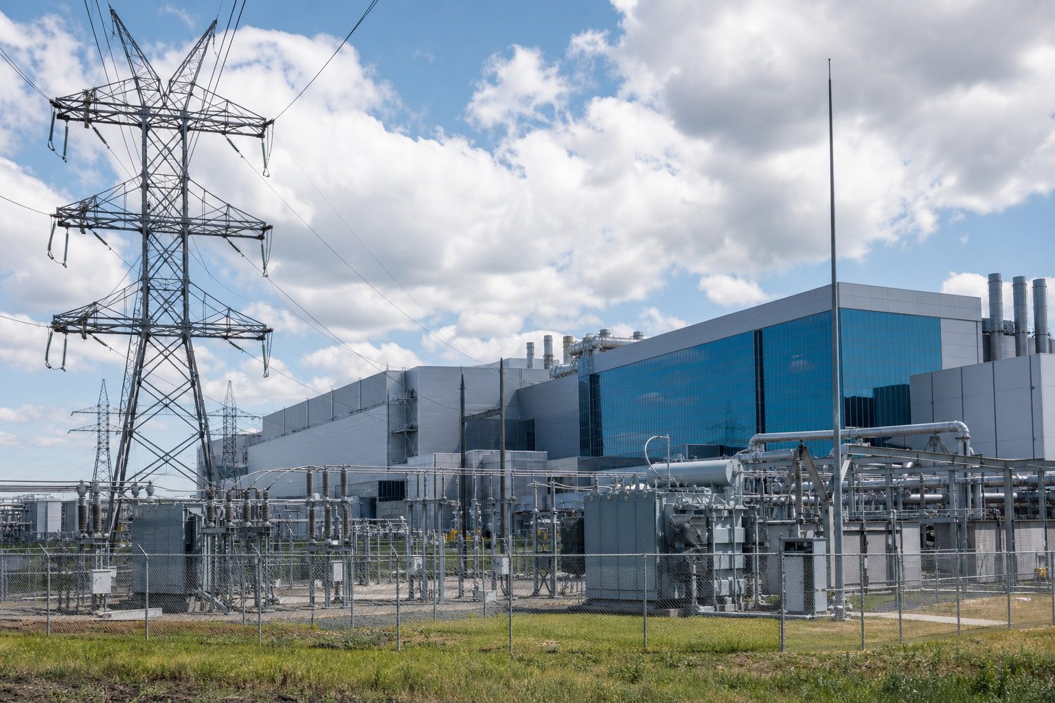 Modern semiconductor fabrication facility with adjacent power substation and transmission lines.