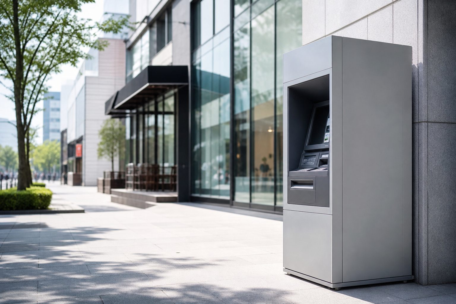 ATM machine on a quiet city sidewalk with storefronts in the background