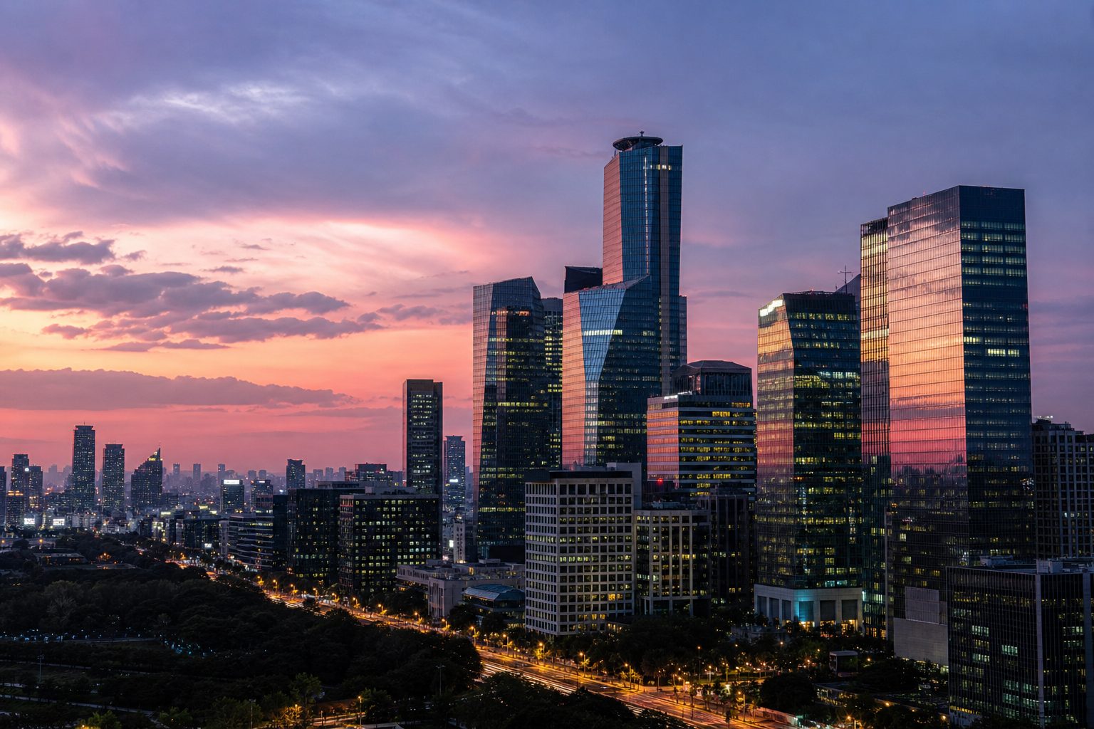 Seoul's Yeouido financial district skyline at twilight with illuminated bank skyscrapers