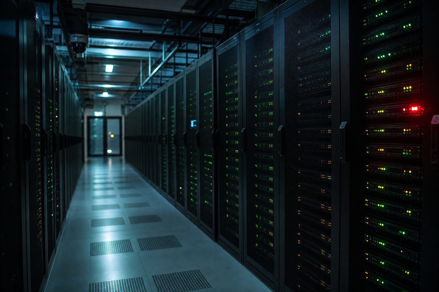Darkened data center with rows of server racks and blinking LED indicator lights