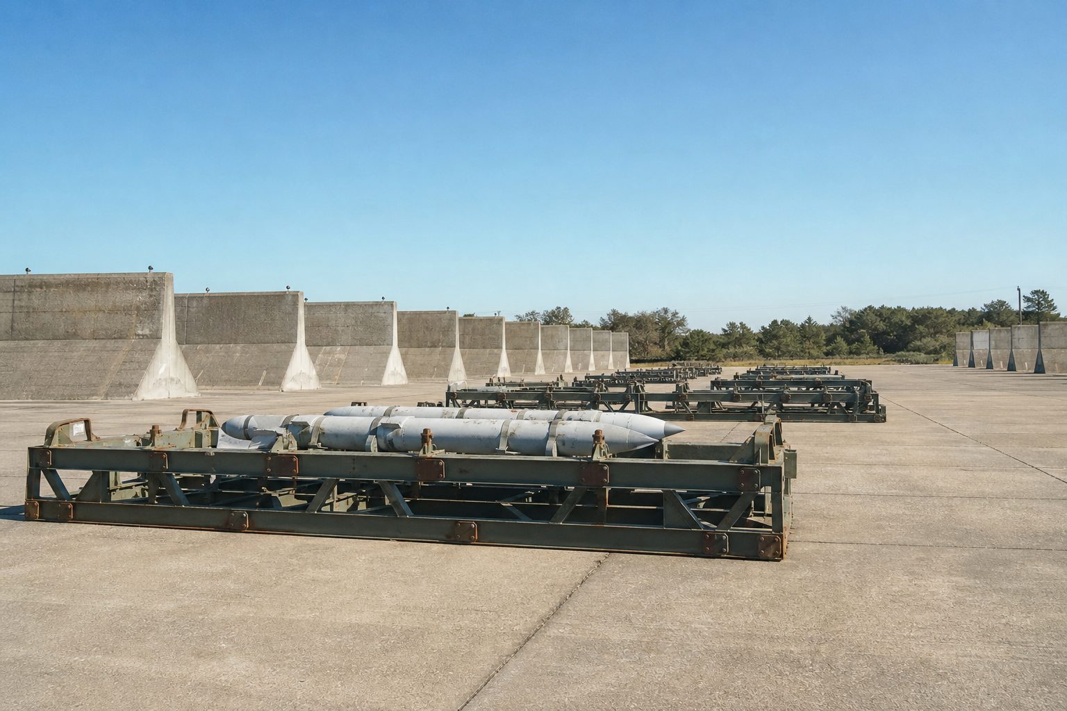 Open-air military munitions depot with mostly empty weapon racks and only a few missiles remaining on a concrete tarmac.