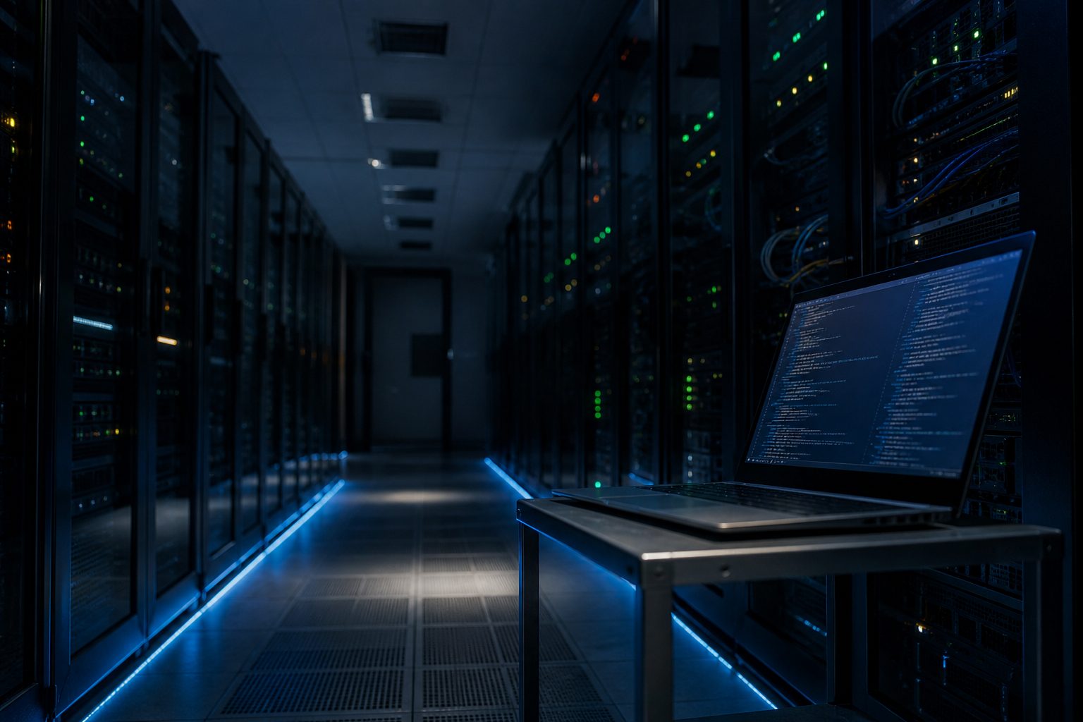 A dark server room with rows of racks and a laptop glowing with lines of code.
