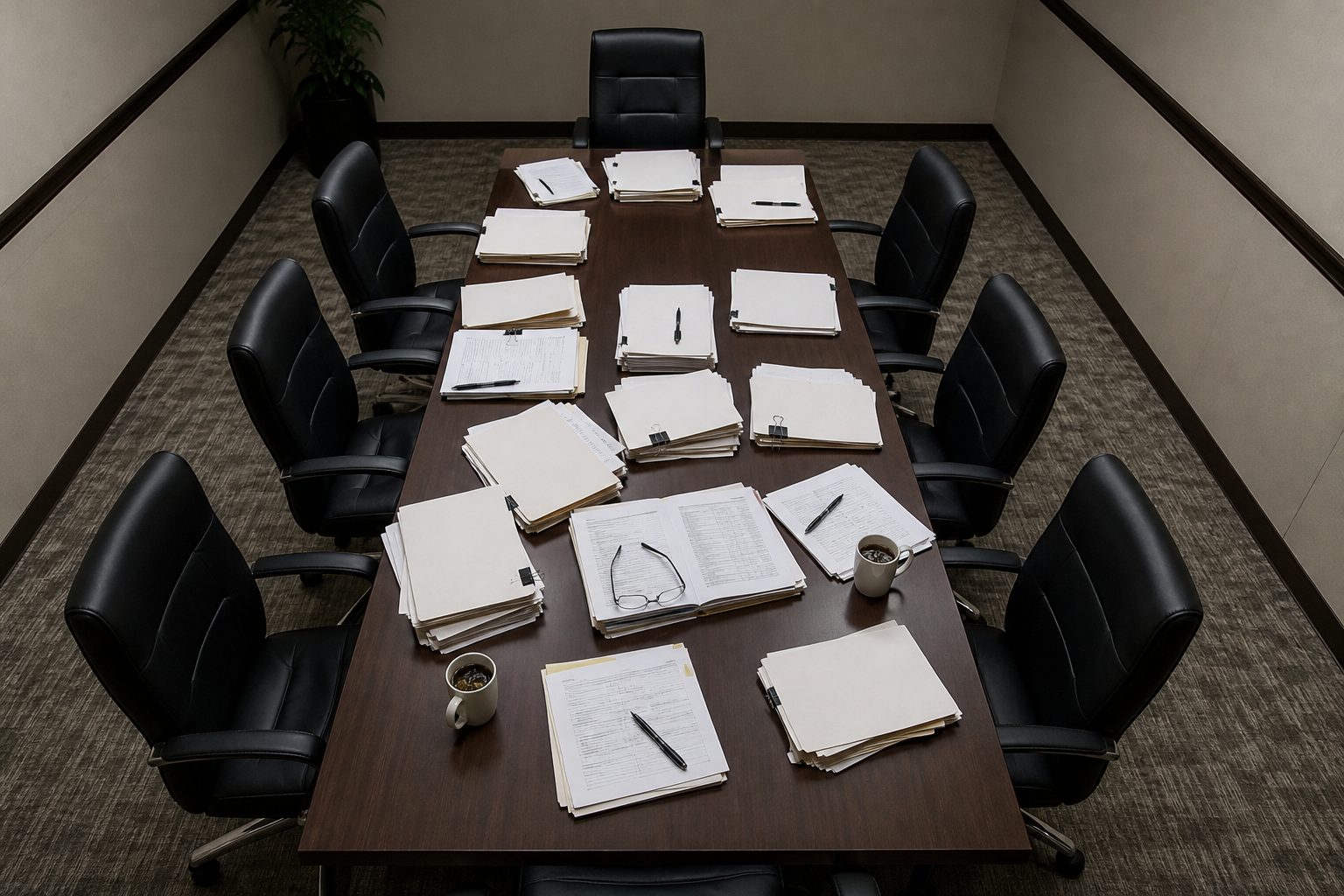 Overhead view of a meeting table covered with audit documents, pens, glasses, and coffee cups.