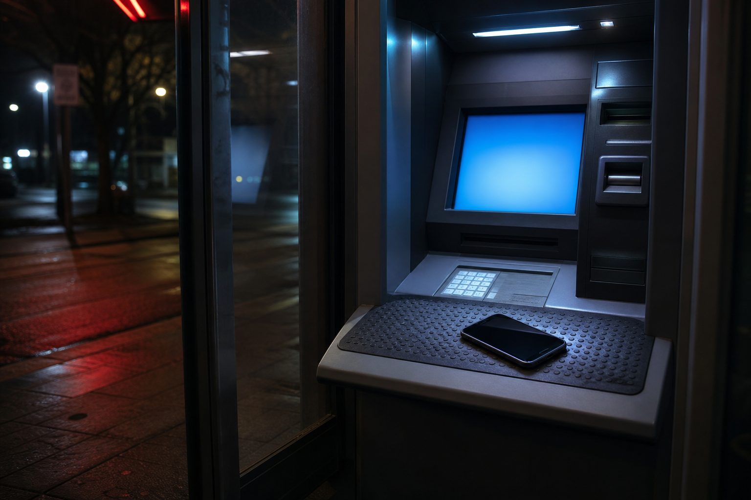 A glowing ATM machine at night with a smartphone resting on its keypad in an empty vestibule.