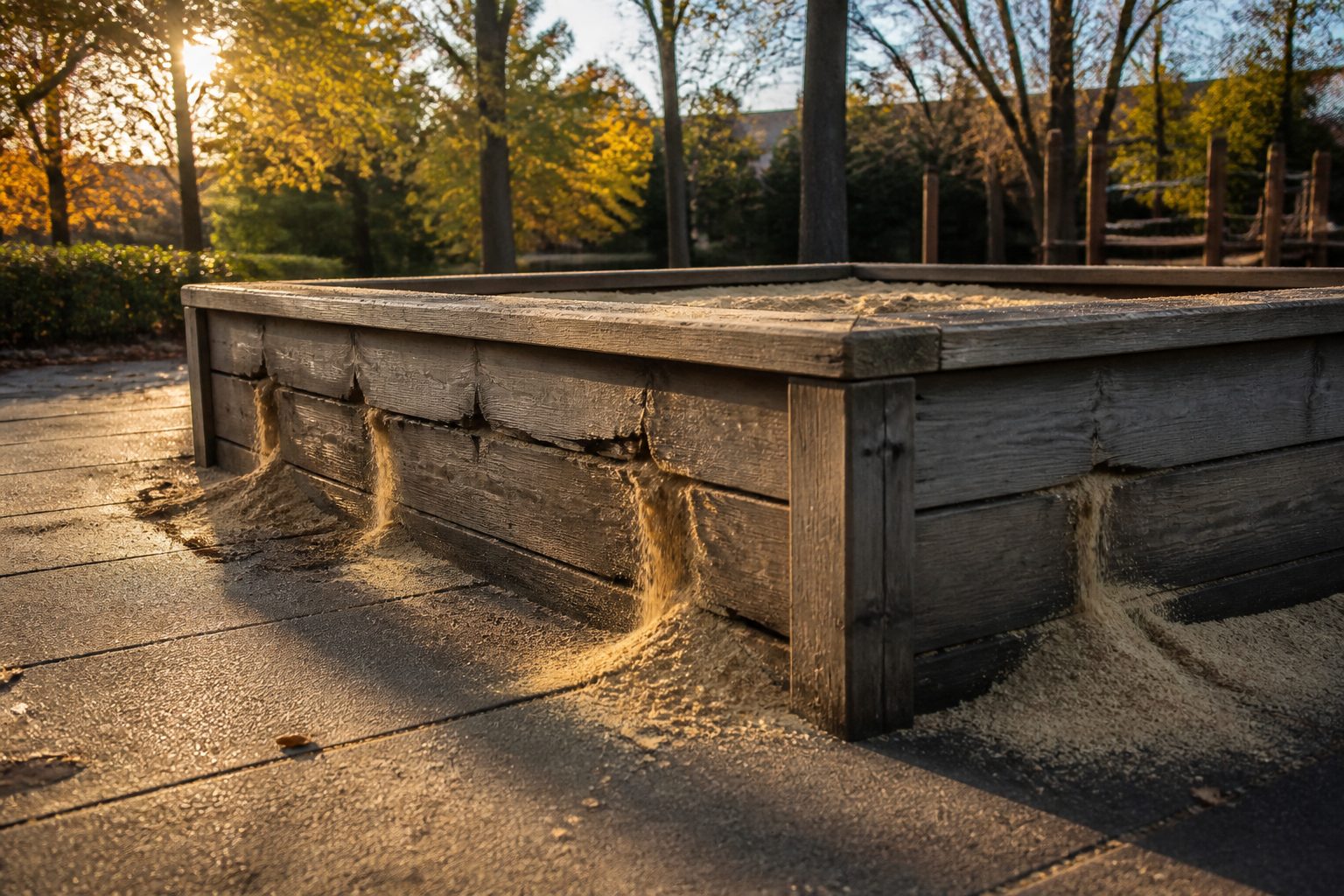 Wooden sandbox in a park with visible cracks in the base and sand spilling out onto the pavement below.