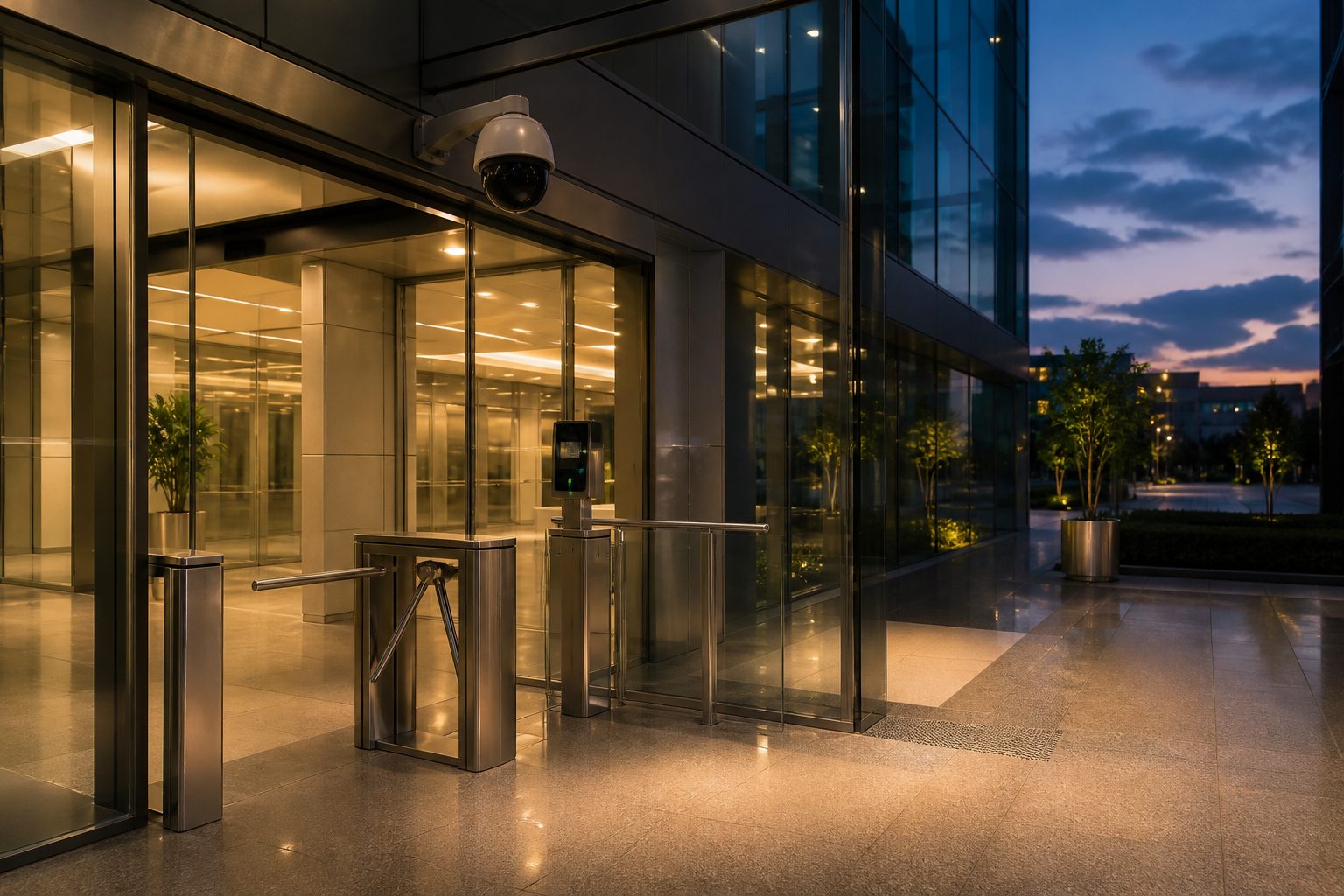 Modern corporate security checkpoint with turnstile gate, biometric scanner, and overhead camera at dusk.
