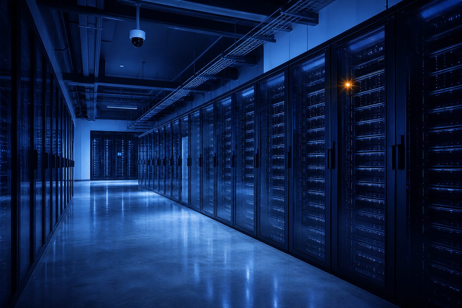 Empty server room at night showing rows of racks with a single amber warning light glowing on one unit.
