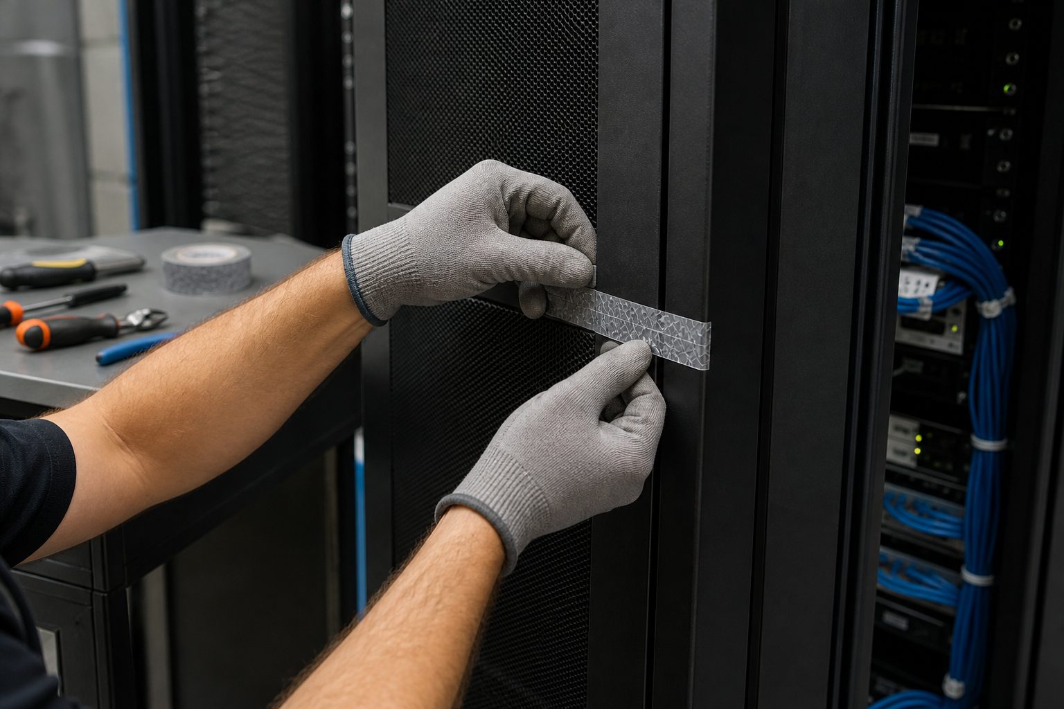 Gloved hands applying tamper-evident tape across a server rack door seam during remediation work.